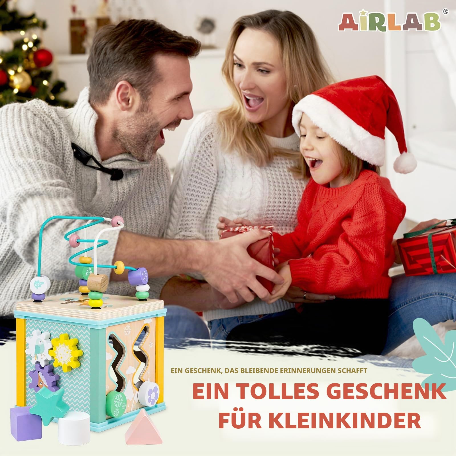 Airlab Motorikwürfel ab 18 Monaten, Aktivitätswürfel Baby, Motorikspielzeug Motorikwürfel aus Holz, Montessori Spielzeug ab 18 Monaten, Holzspielzeug Baby Activity Würfel Geschenk für Kinder