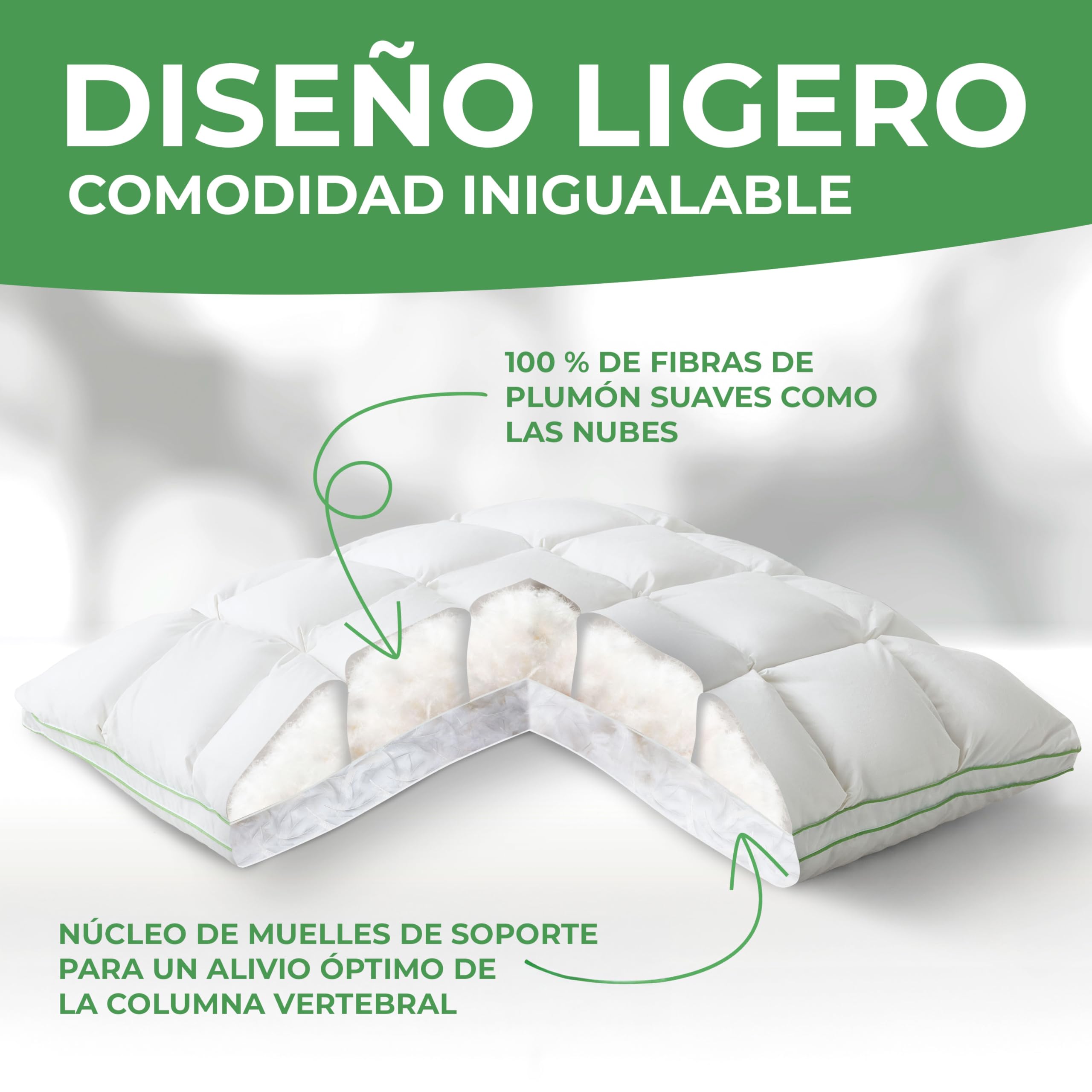 Welldora Almohada Premium 50x70 cm, 100% Fibras de plumón y Plumas, Media | Diseño de nubes para máximo confort | De lado y boca arriba | Oeko-Tex | Dermatest “Muy bueno” | Prestigiosa marca suiza