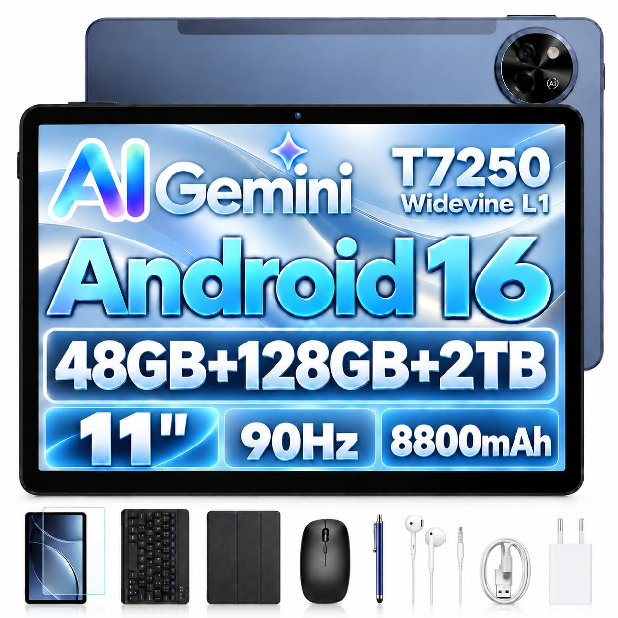 Luzglo P11 Android 16 Tablet 11 Pollici, 48GB RAM+128GB ROM (2TB TF), 90Hz, T7250 Octa-Core, 8800mAh, 13MP+5MP, Gemini AI, Widevine L1, Face ID, GPS, FM, Tablets con Tastiera e Penna, Grigio