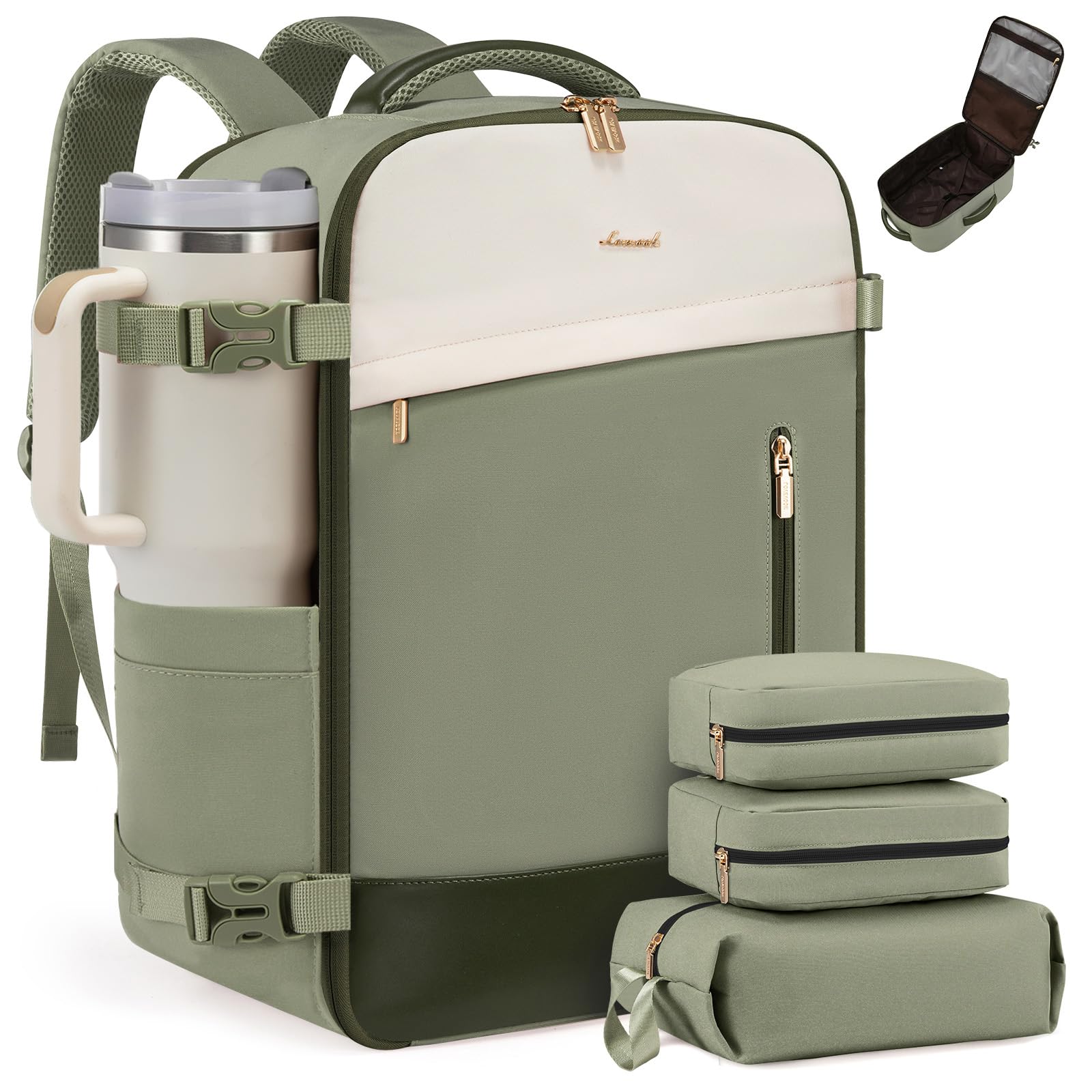 LOVEVOOK Handgepäck Rucksack 40L, 17.3 Zoll Groß Reiserucksack für Damen | Erweiterbares Design, Rucksack Handgepäck Flugzeug, Travel Backpack als Cabin Bag für Reise und Business, Teegrün
