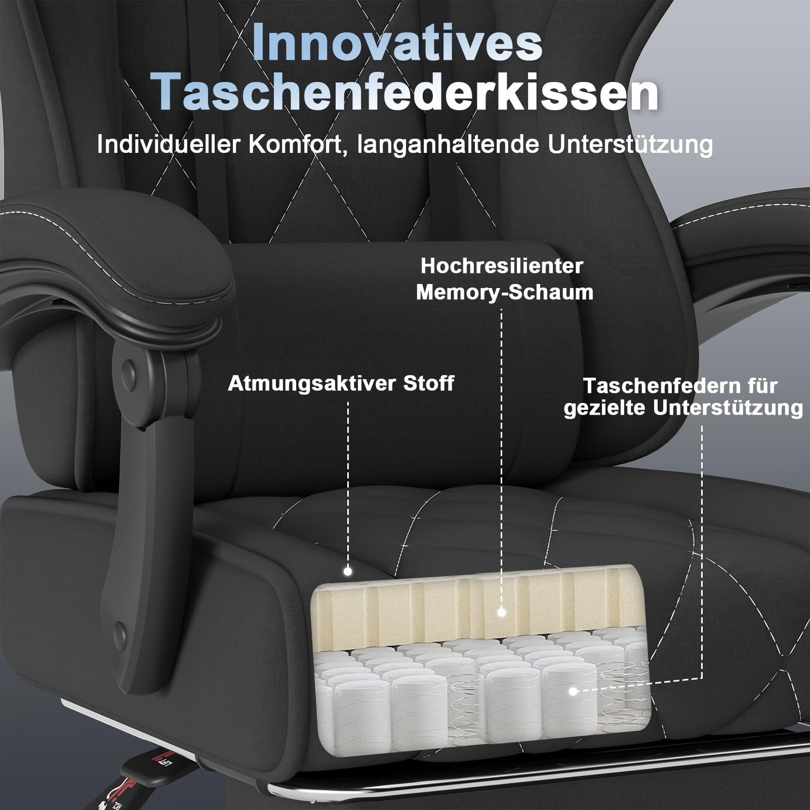 Devoko Gaming Stuhl Stoff ergonomisch mit Massagefunktion und Fußstütze, Taschenfederkernpolster, 135° verstellbar, atmungsaktiv für Home Office oder Gaming Zimmer schwarz