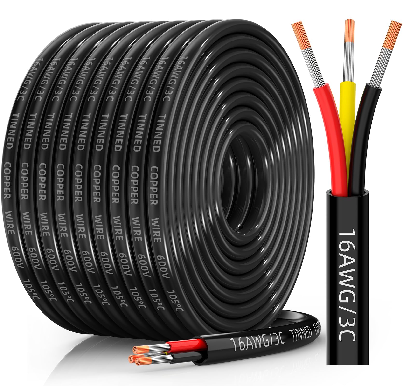 CONEPY 16 Gauge Wire 3 Conductor Electrical Wire, 16 AWG Tinned 50FT, Black