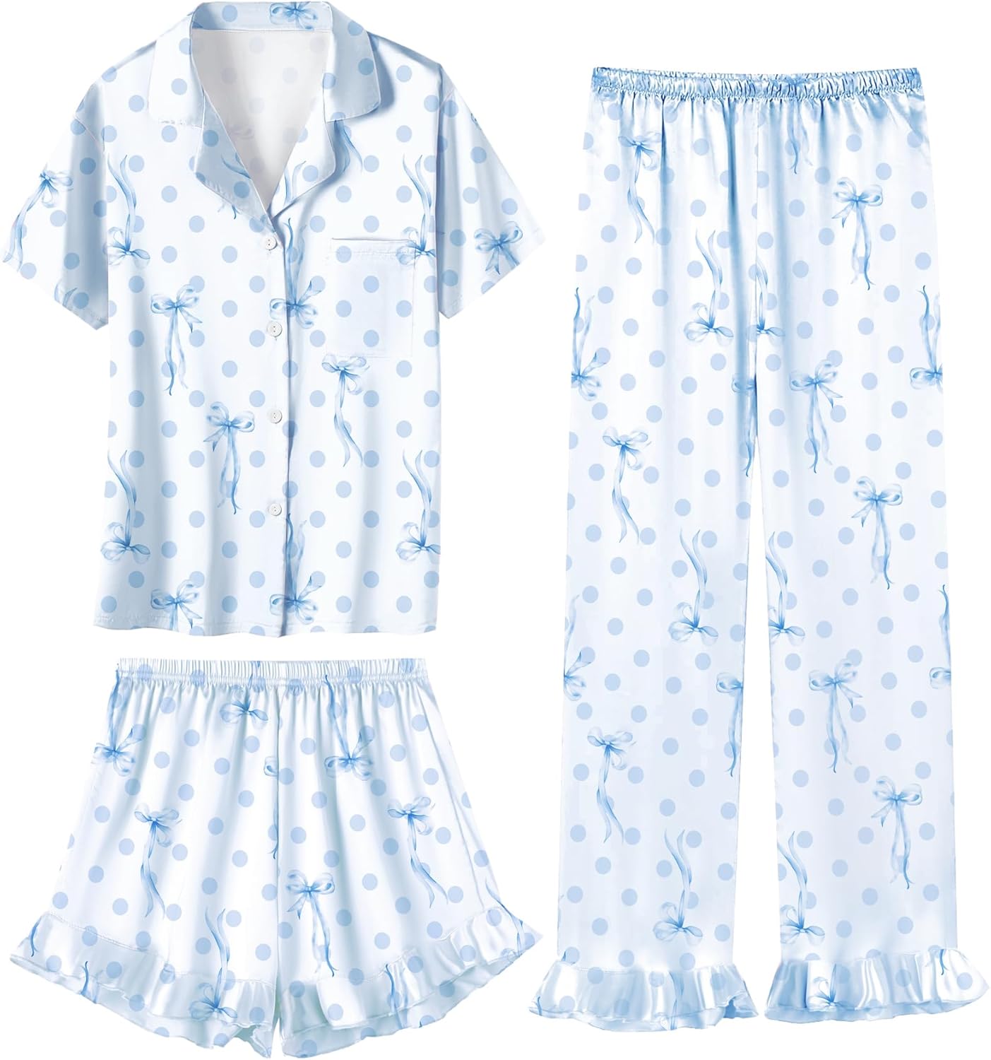 Umeyda Girls 3 Pieces Pajamas Sets Silk Satin Ruffle Sleepwear Short Sleeve Button-Down 3Pjs Nightwear, 5-14 Years