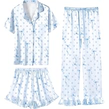 Umeyda Girls 3 Pieces Pajamas Sets Silk Satin Ruffle Sleepwear Short Sleeve Button-Down 3Pjs Nightwear, 5-14 Years