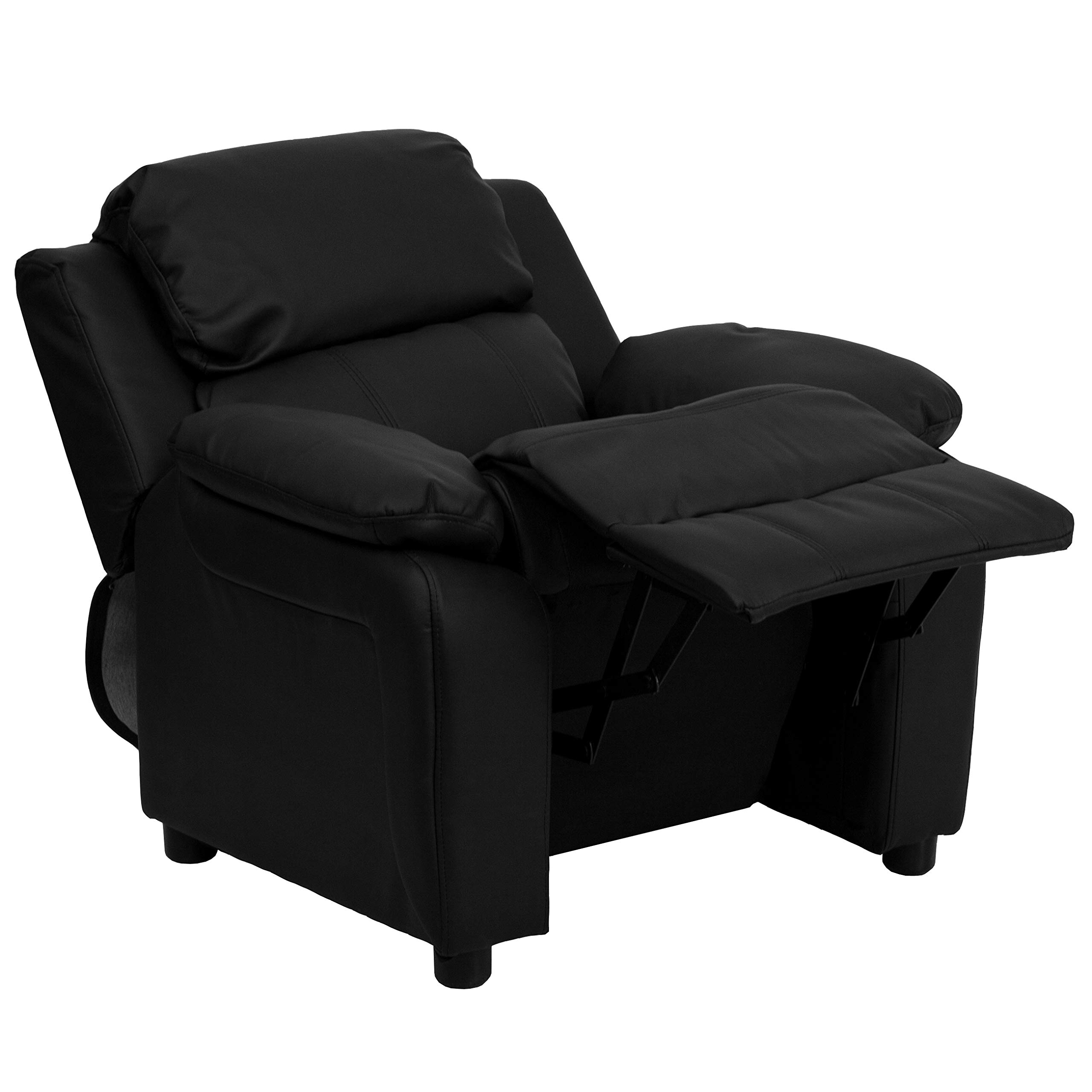 Flash Furniture Deluxe Padded Contemporary Kids Recliner with Storage Arms, Leather, Black, 66.04 x 53.34 x 53.34 cm