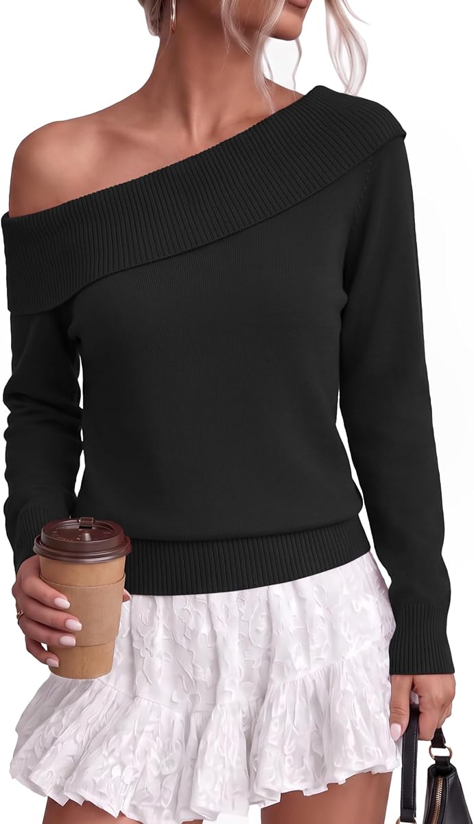 Women's Off the Shoulder Fall Sweater, Ribbed Knit Long Sleeve Tops