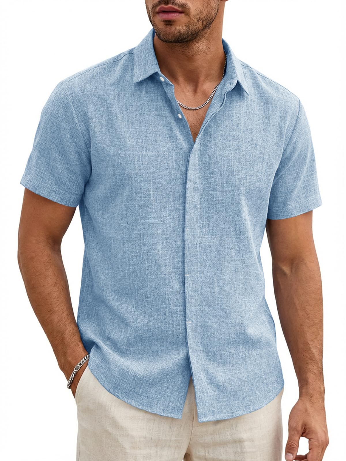 Runcati Herren Hemd Kurzarm Leicht Sommerhemd Männer Regular Fit Leinenhemd Hochzeit Business Strand Freizeithemd Casual Einfarbig Basic Shirt Hellblau XXL
