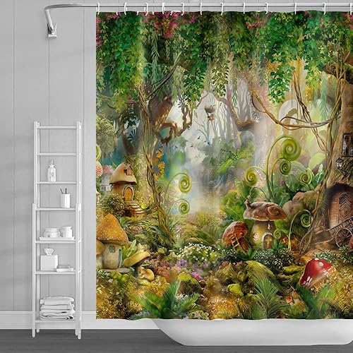 Cortina de ducha de bosque mágico de 60 x 72 pulgadas, con árboles exuberantes, fantásticos bosques y selva, bonita cortina de baño divertida con