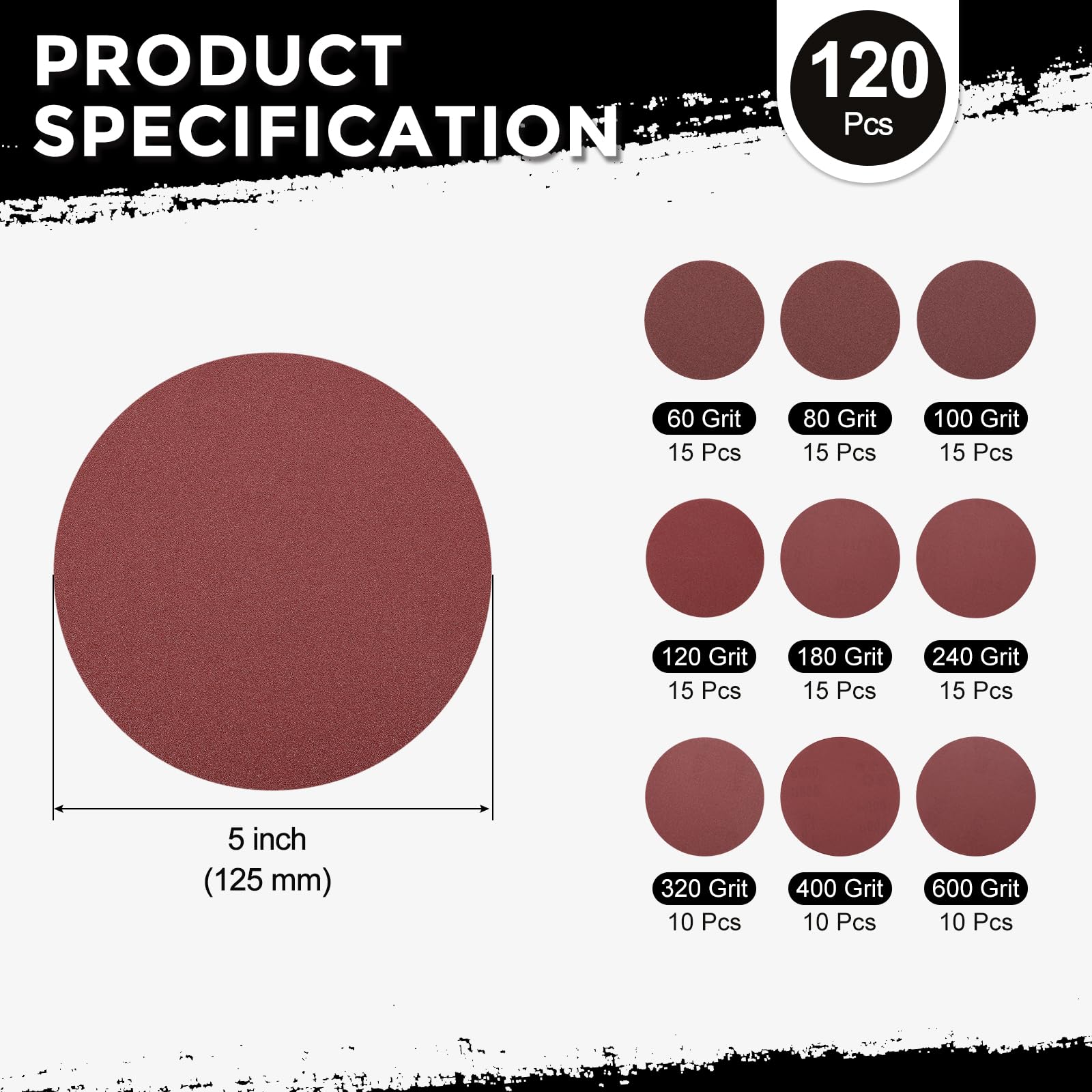 Kozelo 120 Pack Sanding Disc Kit 125mm 5 Inch 60/80/100/120/180/240/320/400/600 Grit Hook and Loop Random Orbital Sandpaper for Drywall Sander Wood Metal - Image 2