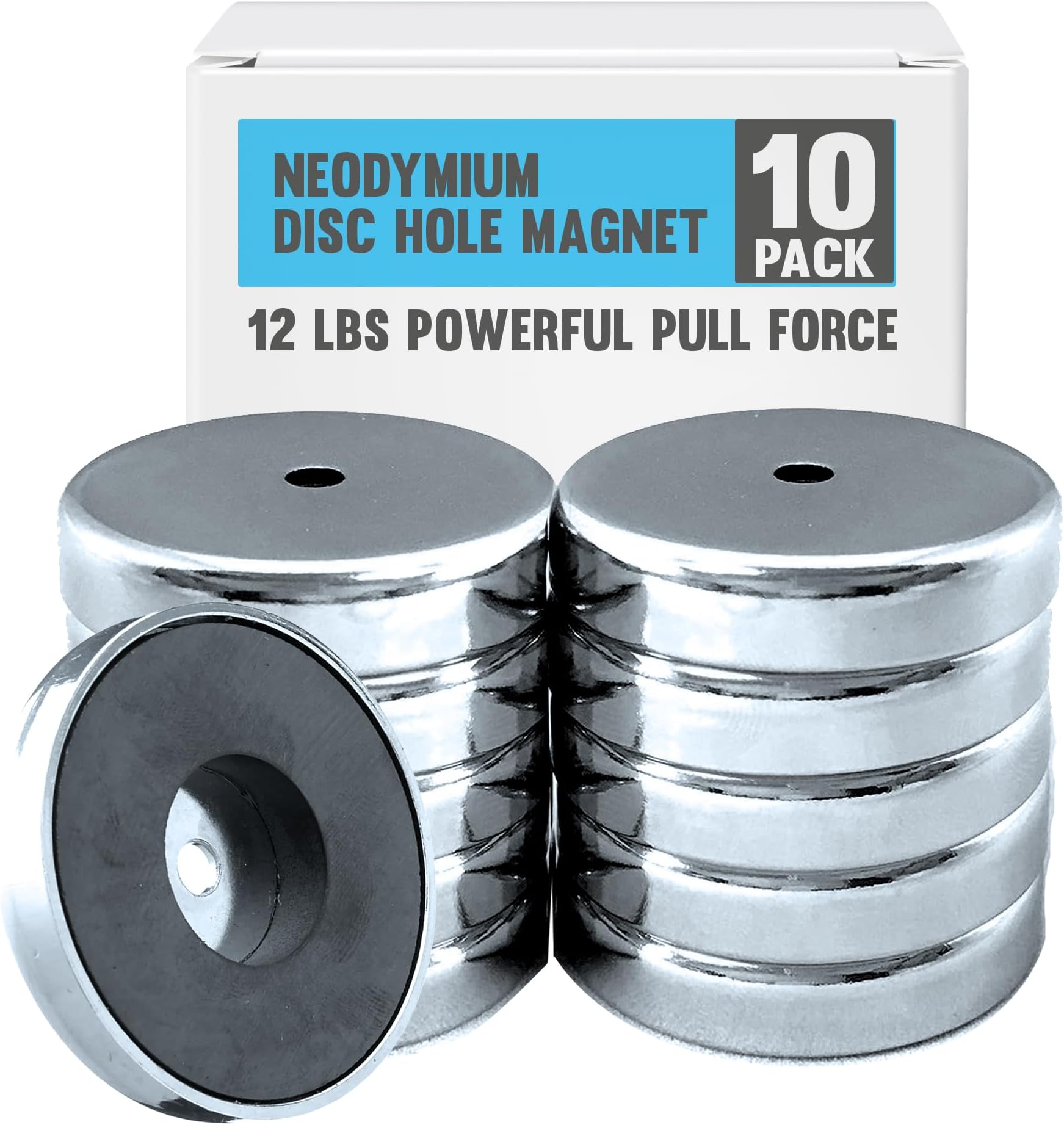 Neodymium Disc Hole Magnets – 1.425" x 0.3" with 0.15" Countersunk Hole, 12 lbs Pull Force, Industrial Rare Earth Magnets, 10-Pack