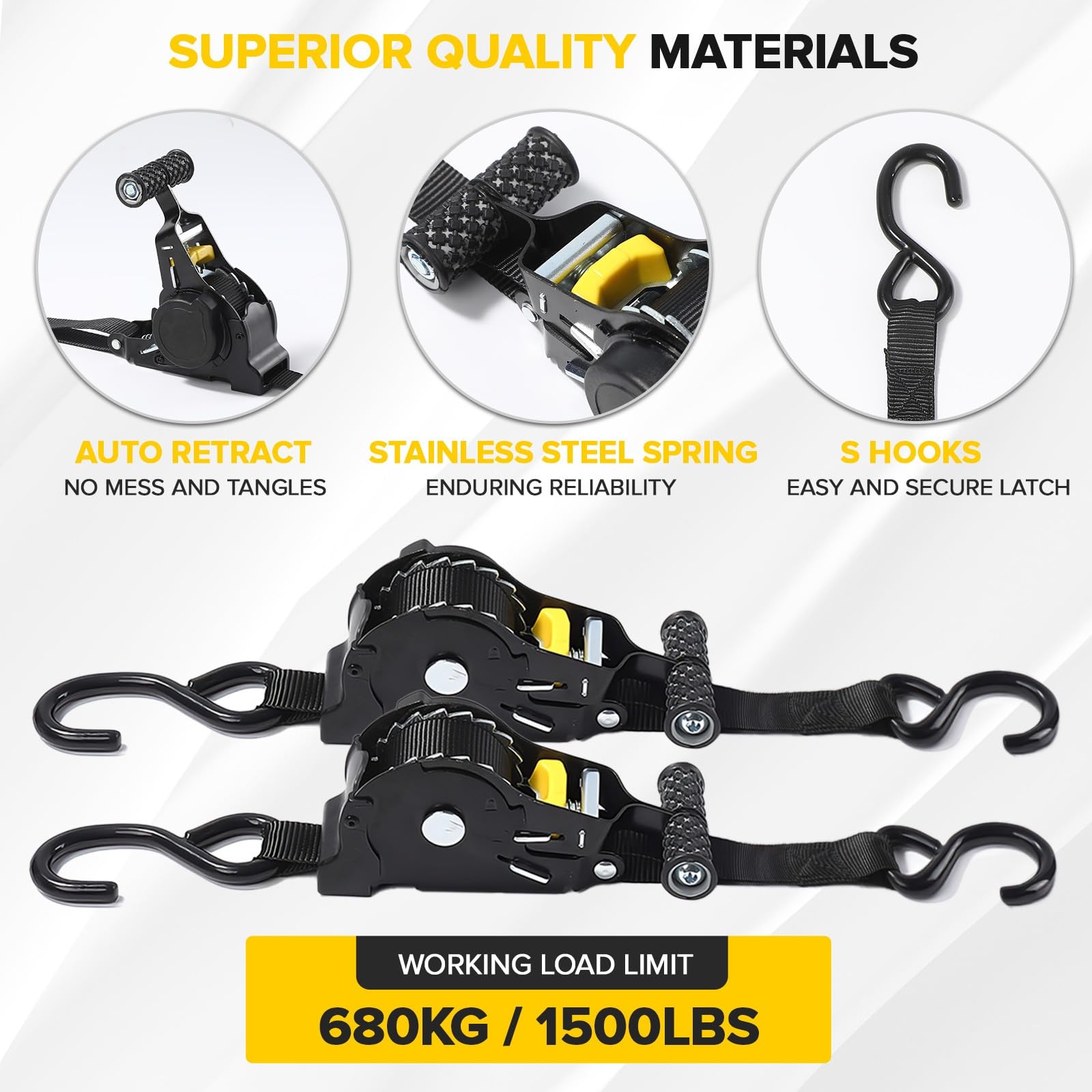 4 Stück Automatik Spanngurte - 3 m x 25mm, 680KG Automatischer Spanngurtaufroller mit S Haken - Spanngurte mit Ratsche - Selbstaufrollend Spanngurt Zurrgurte für Ladungssicherung,LKW, Anhänger