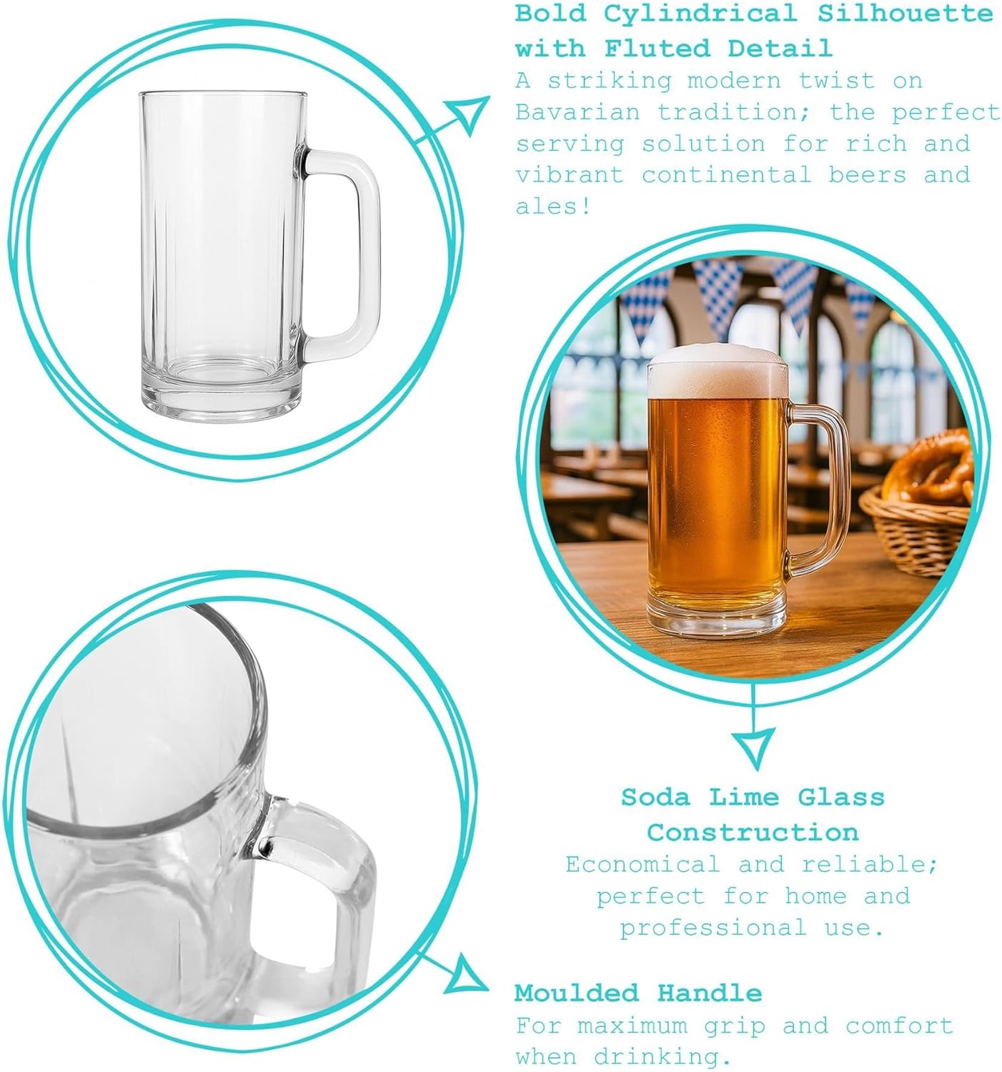 Argon Tableware Beer Mugs Set of 4-540ml Glass Pint Beer Steins with Handle - Heavy Duty Drinking Mugs for Ale Lager & Craft Beer - Durable Soda Lime Glass Pub Style
