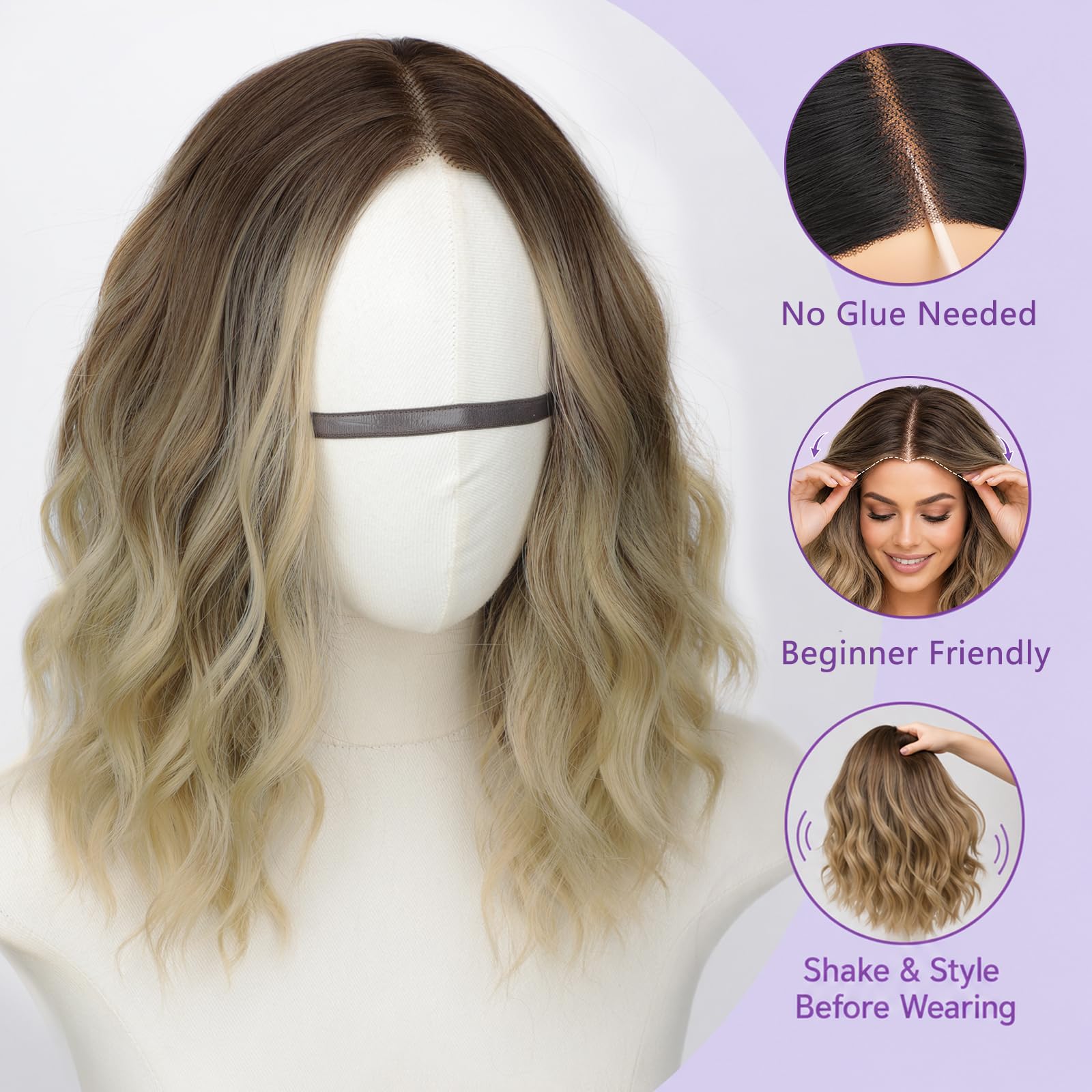 14 Inch Wave Bob Wig with Pre-Cut Lace Hairline Middle Part Synthetic Heat Drawstring Pre Cut 5X5 HD Lace Front Closure Body Wave Bob  main image 3