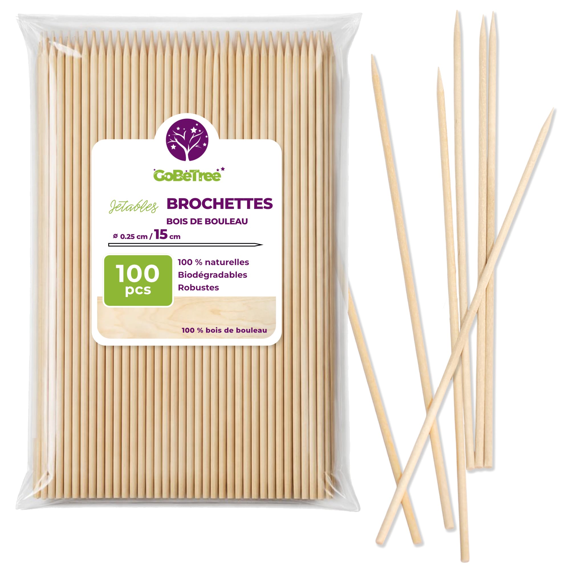 Piques à Brochette en Bois de Bouleau 15 cm x 2,5 mm Extra Résistants pour Barbecue