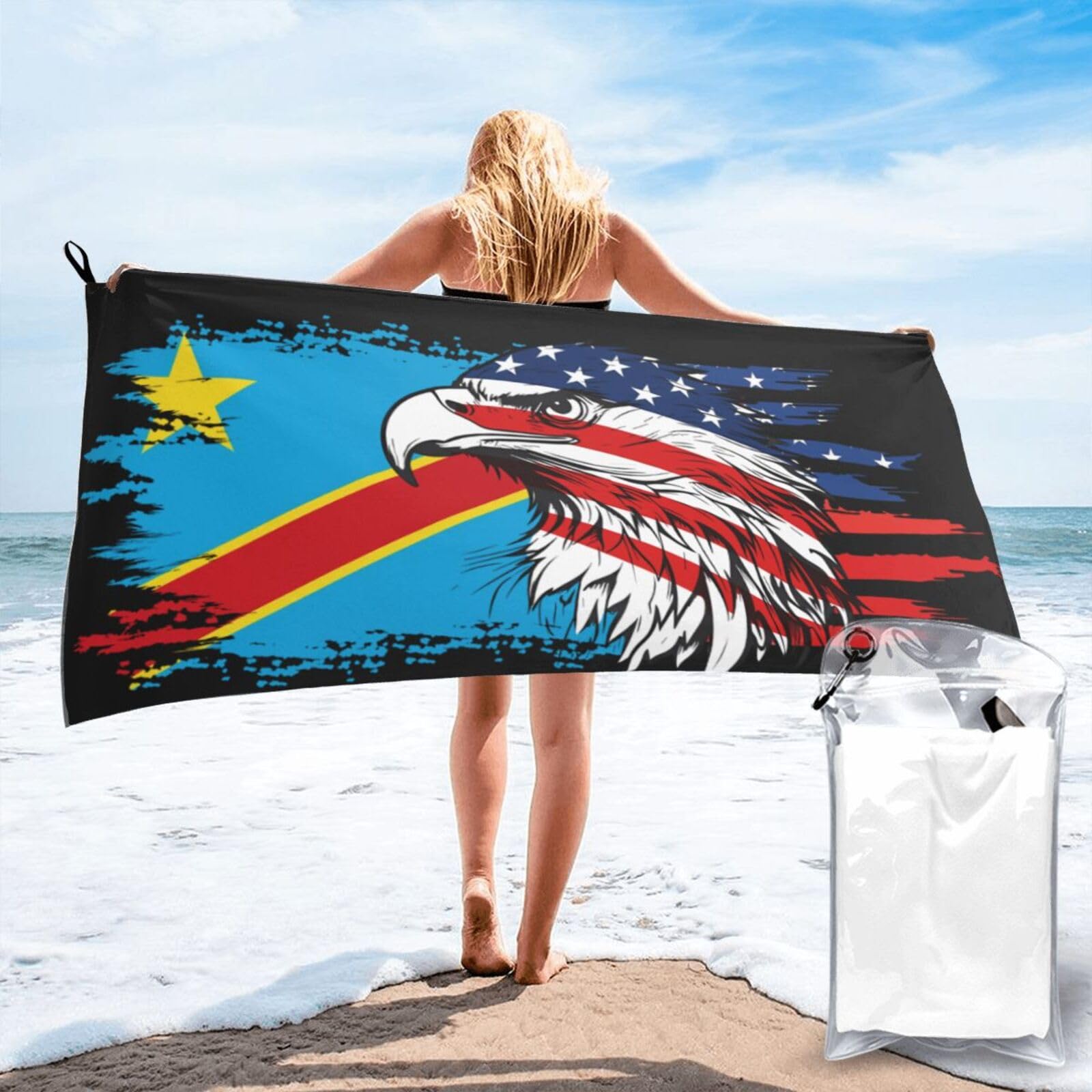 HACXZ America Flag and Congolese Congo Flag Microfiber Beach Towel Lightweight Absorbent Travel Pool for Men Women 31.5"X63"