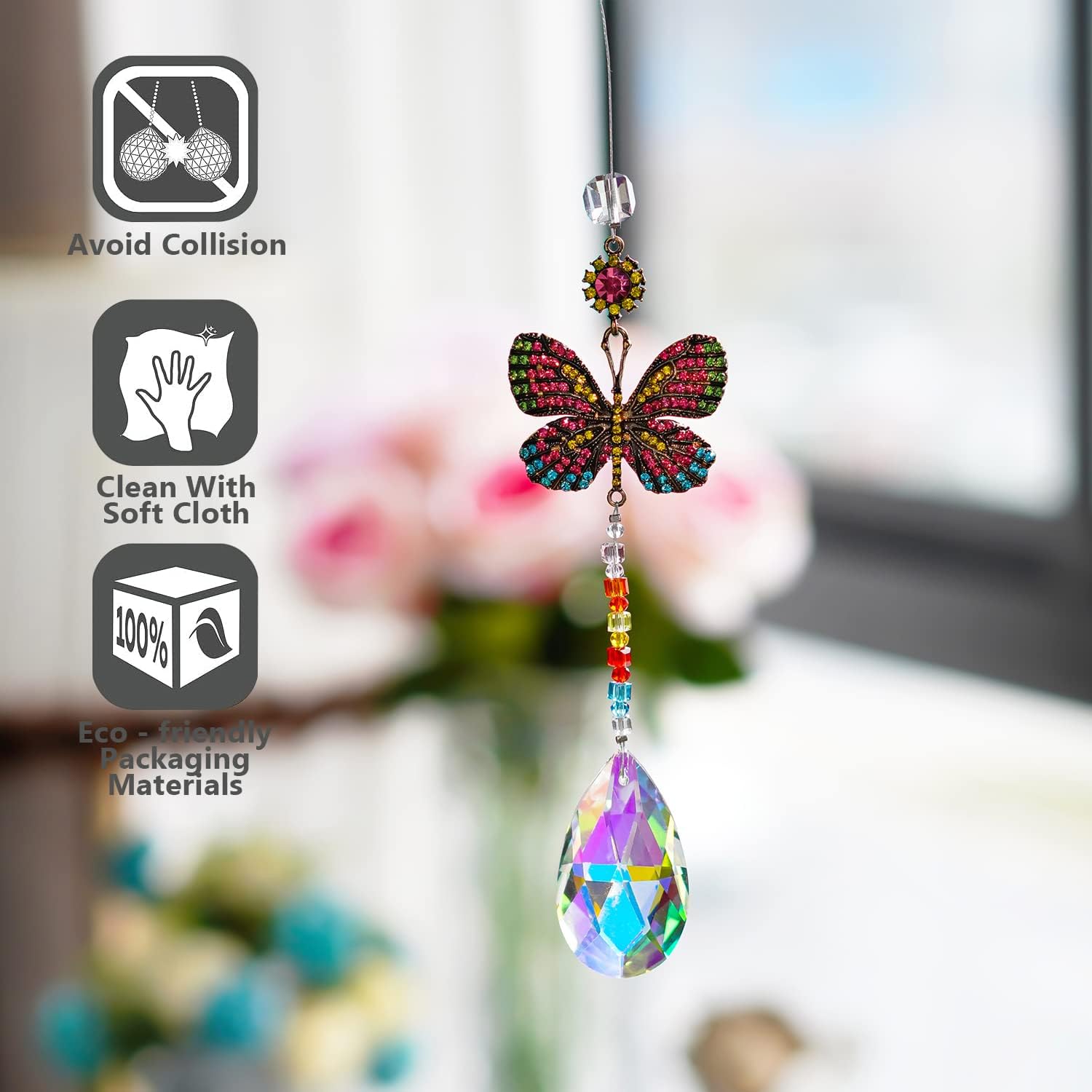 Hanging Butterfly Shaped Suncatcher Crystals, Glass Teardrop Prism Rhinestones Sun Catchers, Rainbow Maker Pendant Indoor Window Home Car Decor Gift - Image 3