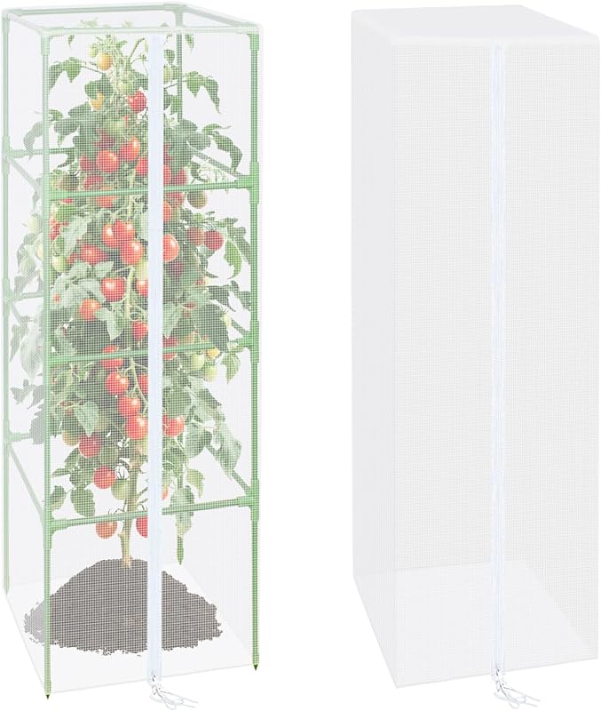 57x16.1 in Garden Tomato Plant Cover Netting for Square Tomato Cage | 2 Pack Durable Garden Bird Netting with Zipper & Drawstring, 57 x 16.1 In, Insect Barrier, Plant Covers from Insects Animals