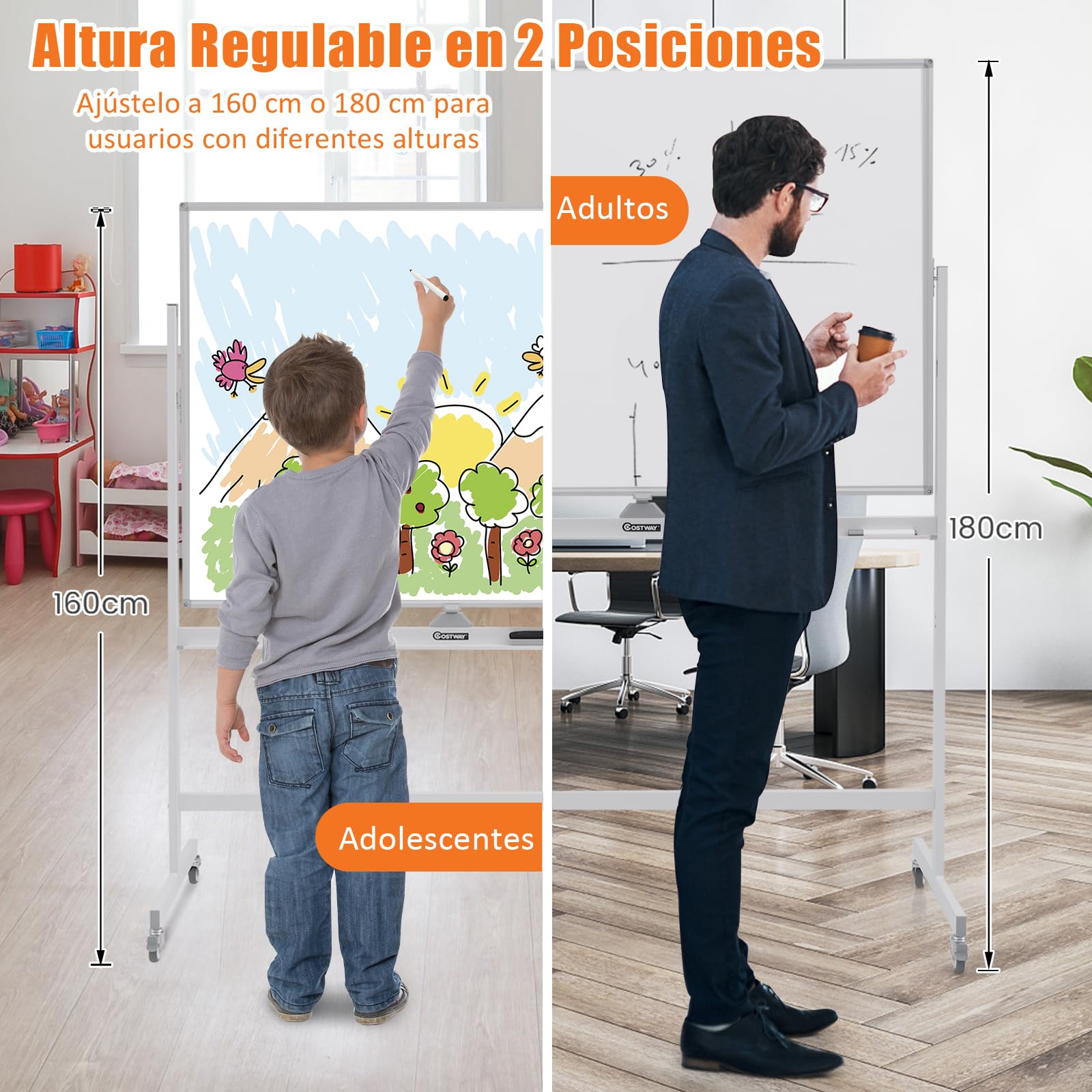 GIANTEX Pizarra Blanca Móvil con Altura Ajustable de 2 Niveles, 120 x 90 cm, Pizarra Magnética de Doble Cara con 4 Ruedas Giratorias de 360 °, para Aula, Oficina (Blanco)