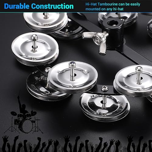 Miniatura 5 de Facmogu Pandereta de platillo negro de 5.5 pulgadas, pandereta de alta gorra con cascabeles de acero inoxidable de doble fila, juego de batería de