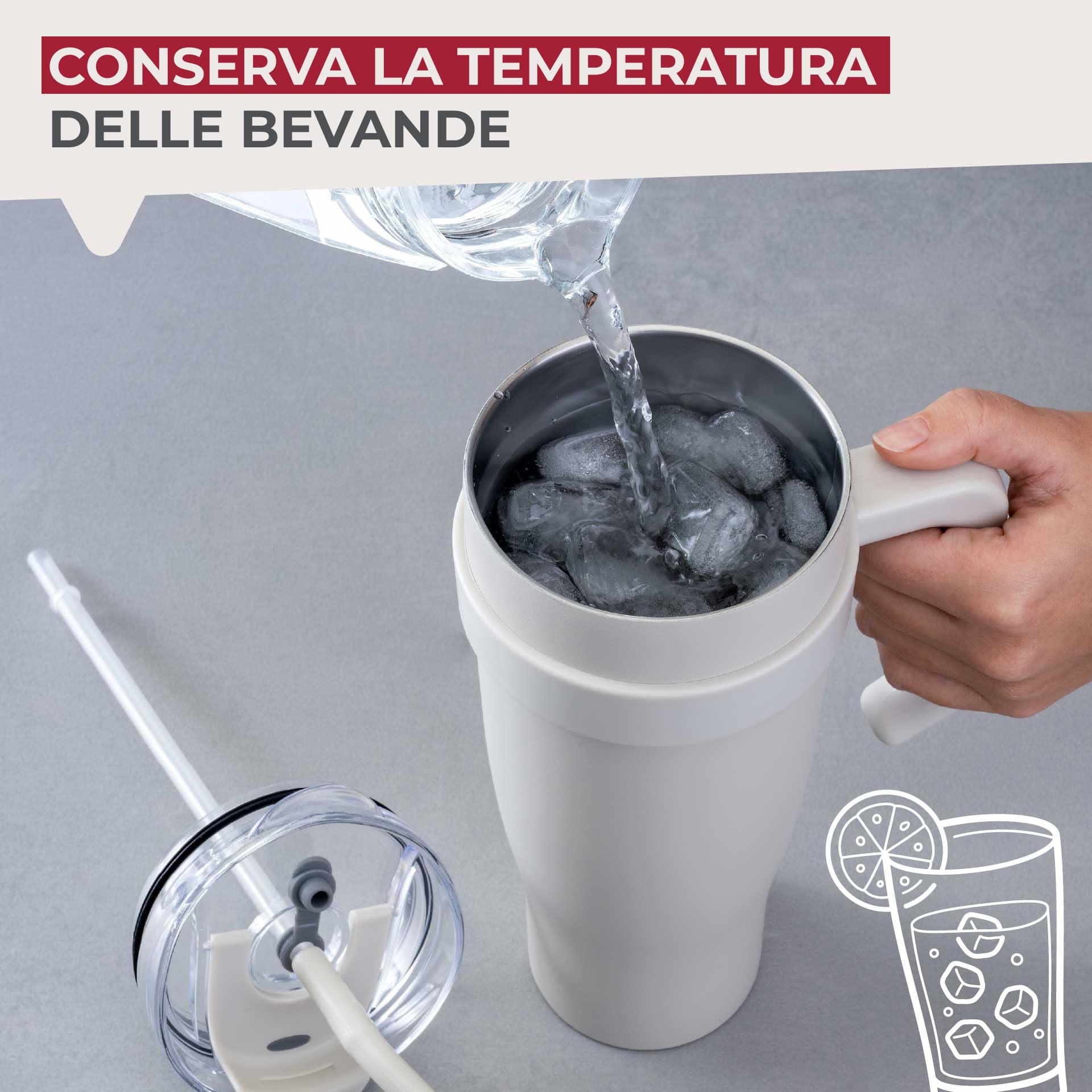 Fackelmann Bicchiere isolante XXL beige 1200 ml – per bevande fredde, in acciaio inox di alta qualità con isolamento a doppia parete e prolunga flessibile della cannuccia