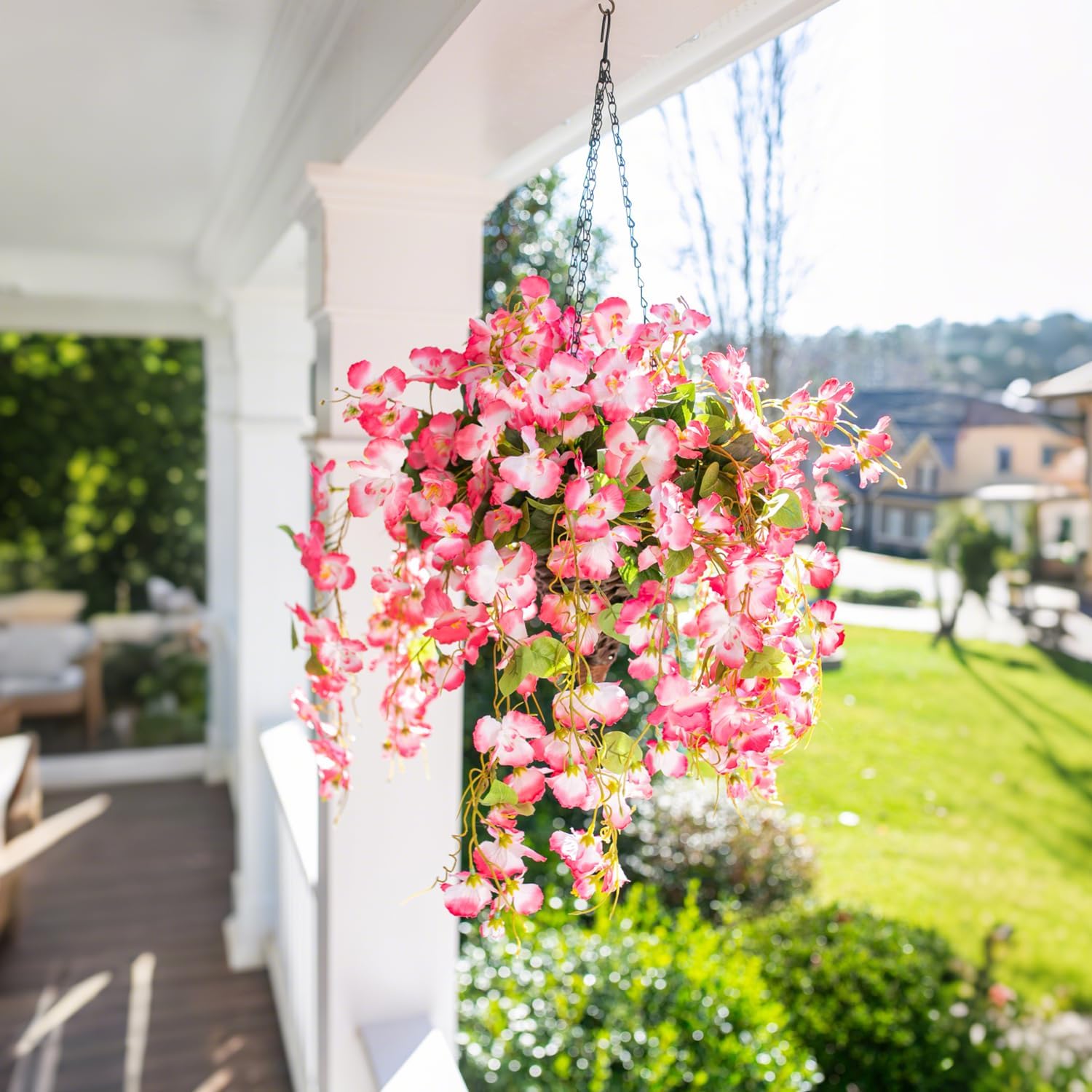 Artificial Fake Hanging Flowers Plants Basket for Outdoors, Faux Silk Hibiscus Flowers Trailing Vines in Planter UV Resistance Realistic for Outside Home Patio Porch Balcony Garden Decor, Pink - Image 9