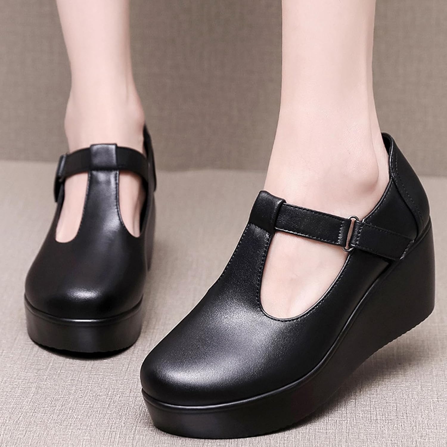 Women's Leather T-Strap Platform Wedge Mary Jane Shoes Comfort Round Toe Ankle Strap Non-Slip Casual Soft Cute School Dress Shoes for Work Outdoor Office - Image 7