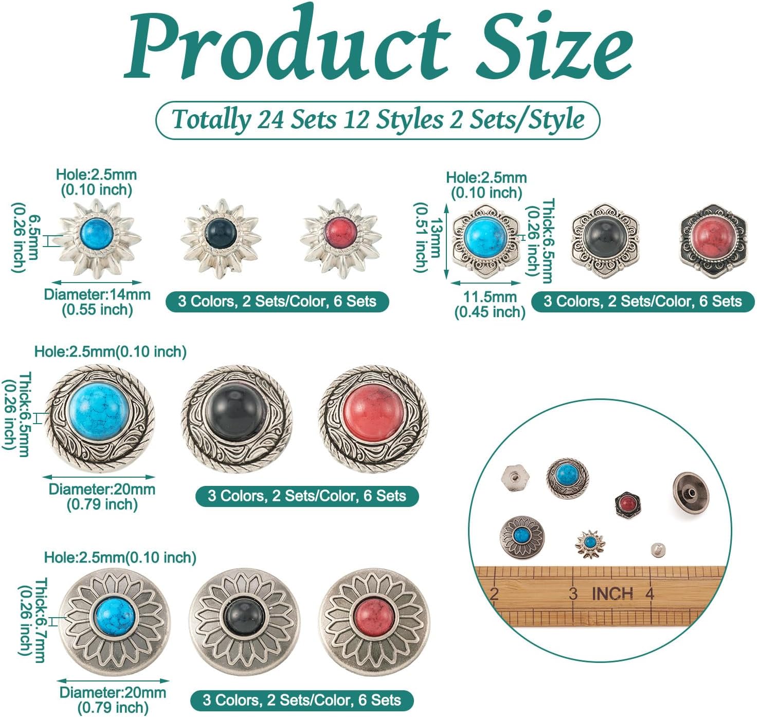 24 Sets Conchos for Leather Sunflower Decorative Rivets Studs 13-20mm Turquoise Conchos Metal Rapid Rivet Round Castings Screw Back Button Retro Manual Goods Decoration Accessory