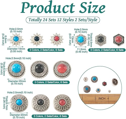 Miniatura 2 de Juego de 24 conchos para remaches decorativos de girasol de cuero, 0.512-0.787 in, conchos turquesa, remache rápido de metal, fundición redonda,