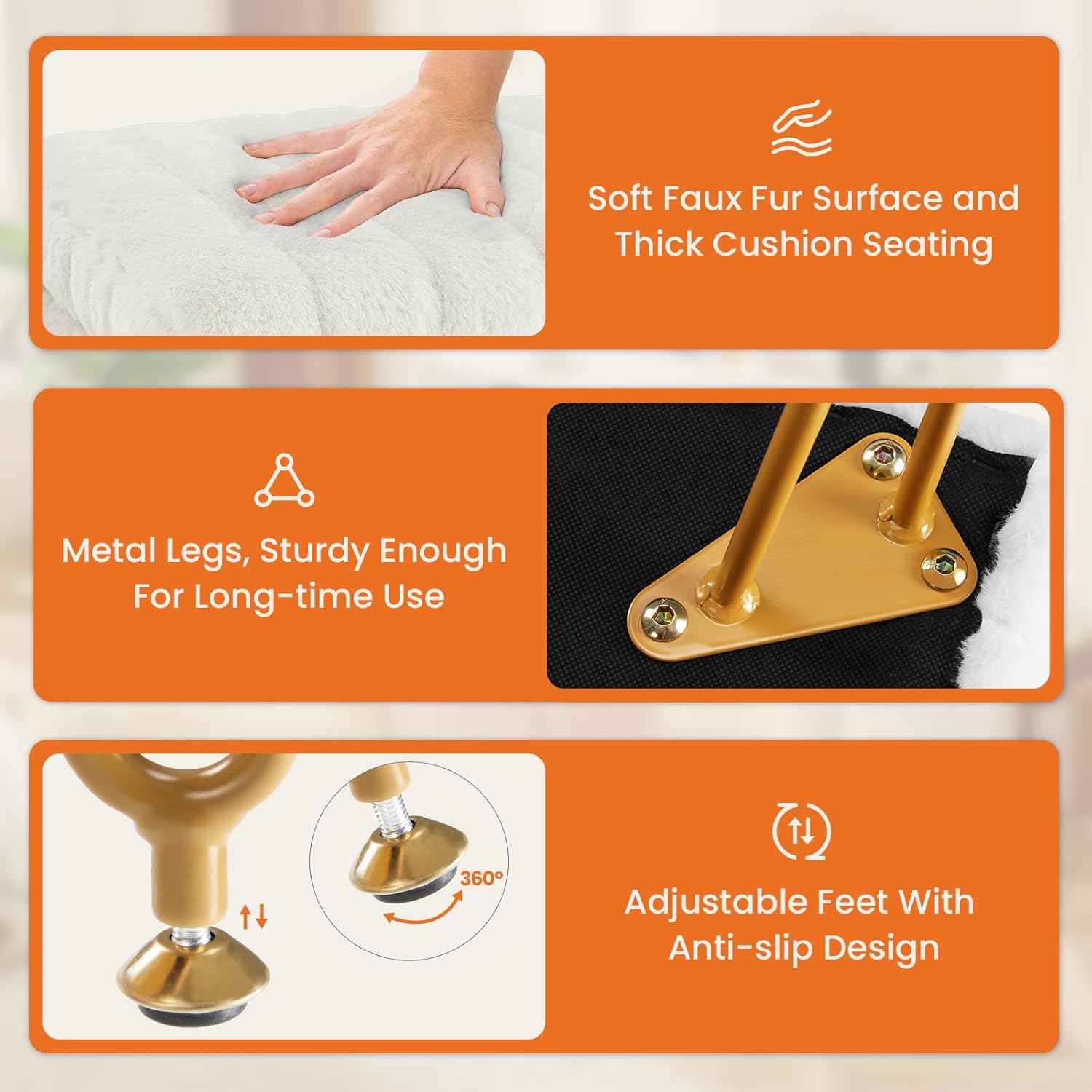 Sweetcrispy Vanity Stool Chair with Storage, Ottoman Faux Fur Soft Padded Makeup Footstools Seat with 4 Metal Legs Anti-Slip Adjustable Feet Modern Cute Small Footrest for Home Entryway Bedroom White - Image 7