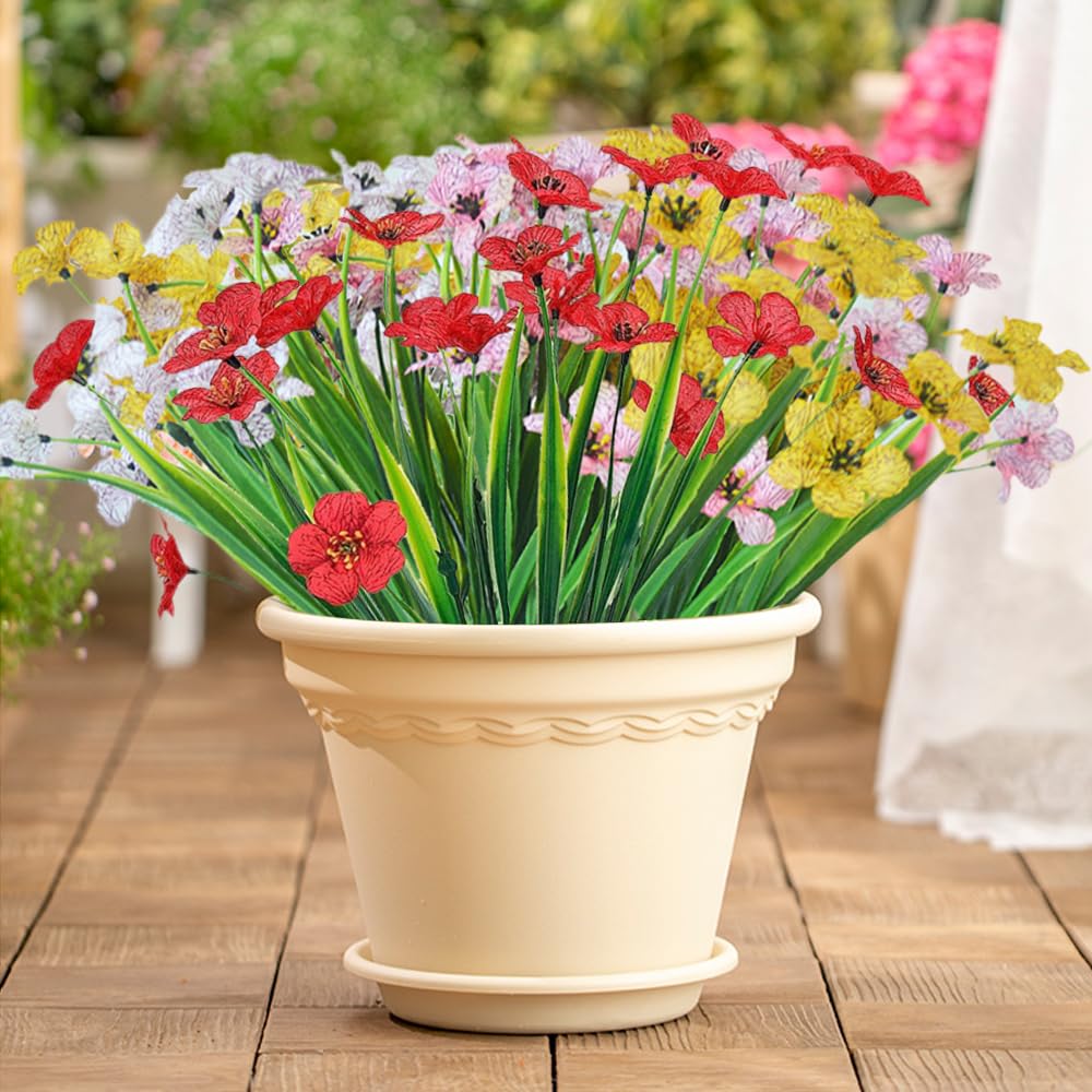 WEISPARK Artificial Flowers for Outdoors, 8 Bundles Faux Plastic Plants Colorful UV Resistant Eucalyptus Fake Silk Flowers for Wedding Aisle Outside Indoor Home Yard Decor (8pcs Violet Flowers)