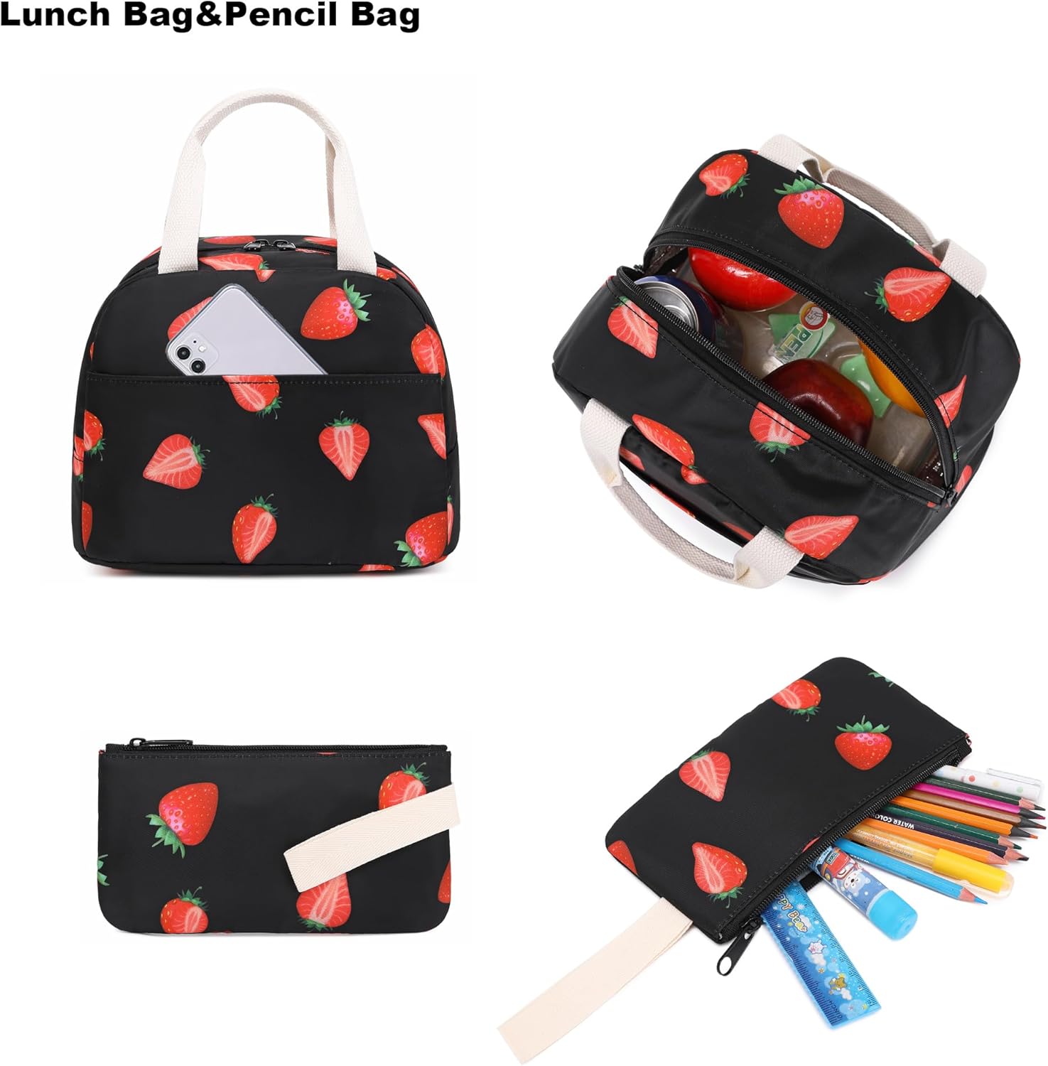 Strawberry School Backpack for Teen Girls, 3-in-1 Kids Backpack Bookbag Set School Bags with Lunch Box Pencil Case - Image 4