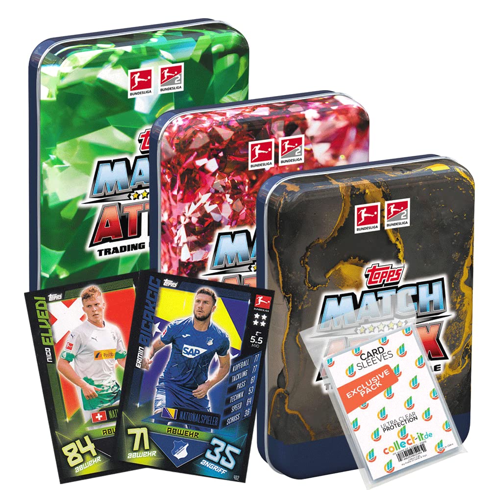 Topps Match Attax 2022/23 Bundle – 1 Mini Tin Box Rubin + 40 Exklusive Sleeves + 1 Seltene Nationalspiel-Karte