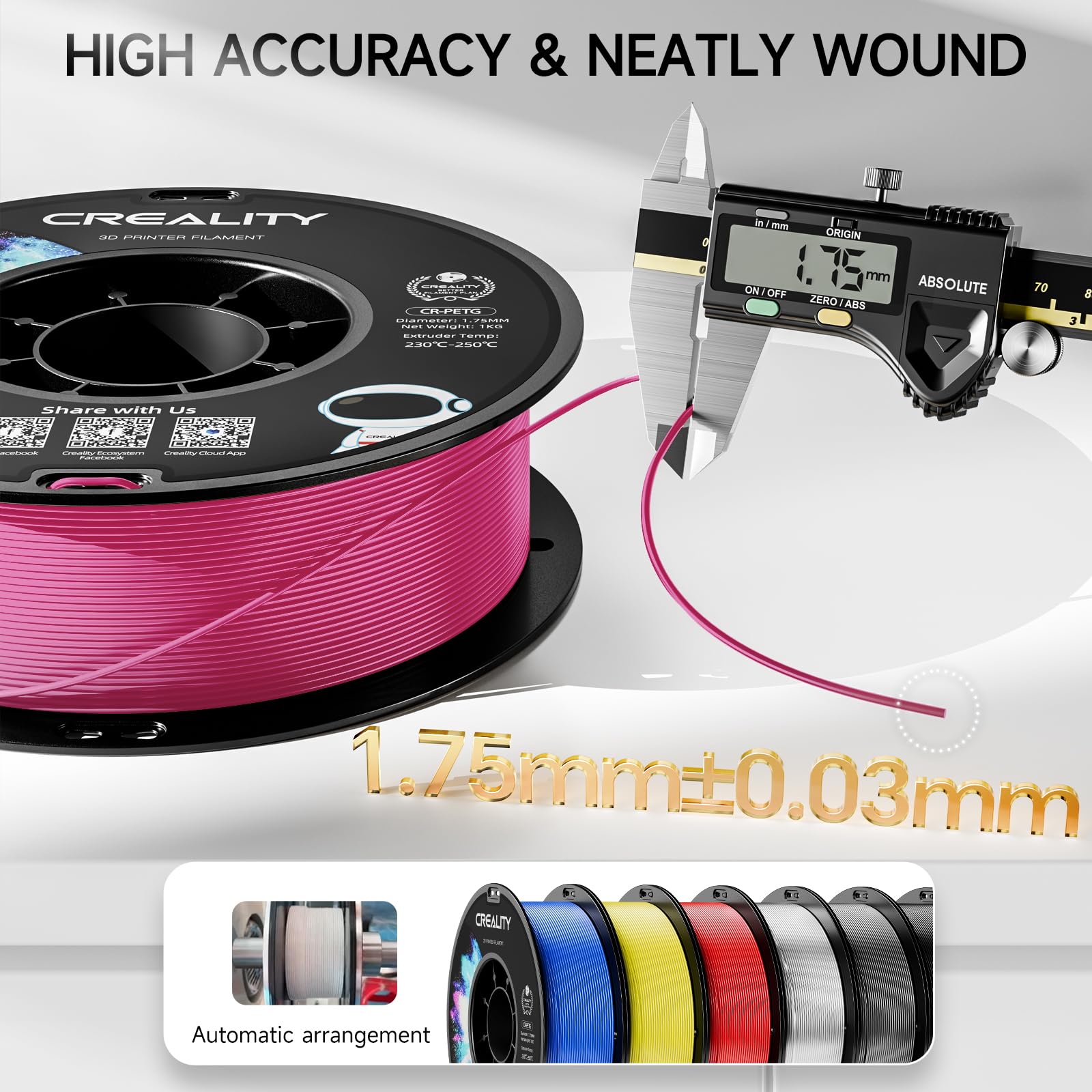 Filament officiel Creality PETG pour imprimante 3D, 1,75 mm, 1 kg, haute précision, forte ténacité, sans odeur, meilleur flux, résistant à l'humidité pour impression 3D (magenta)