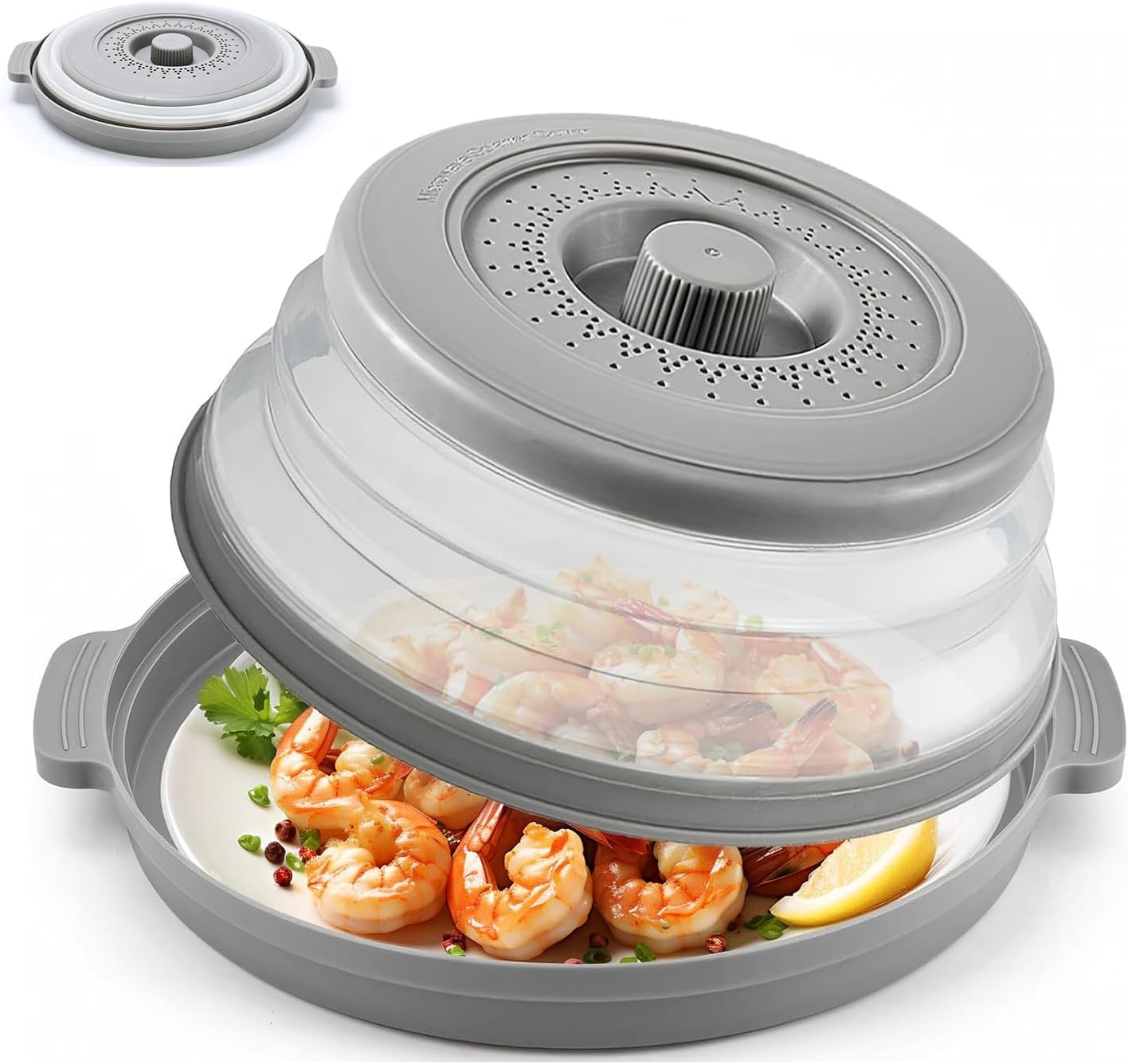 Microwave Splatter Cover, 10.7 Inch Large Silicone Vented Lid with Anti-Scald Handles & Base Plate, Collapsible BPA-Free Food Guard for Kitchen, Essential Gadget for Meal Prep and Home Cooking (Gray)