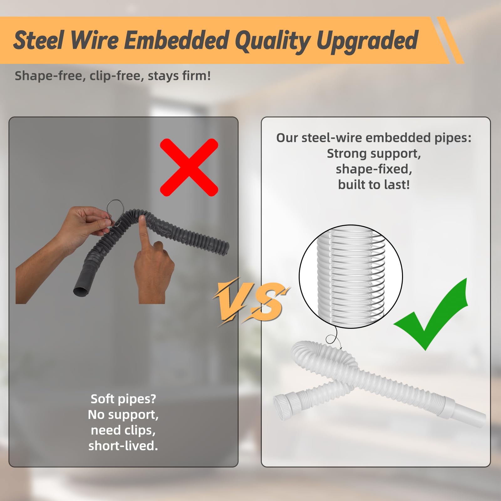 Hibbent Flexible Waste Pipe with Reinforced Steel Wire with an Adapter, Fits G1 1/4" & G1 1/2" (≈40 & 45mm) Sinks - Image 2
