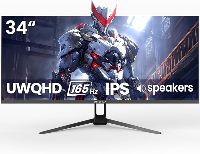 CRUA Moniteur de jeux 34'' 165Hz/144Hz, 21:9 UWQHD 3440x1440 IPS Groupe UltraWide Moniteurs d'ordinateur avec haut-parleurs intégrés, support AMD FreeSync, 120 % RGB, PIP/PBP, HDMI 2.0&DP 1.4, Support mural-noir