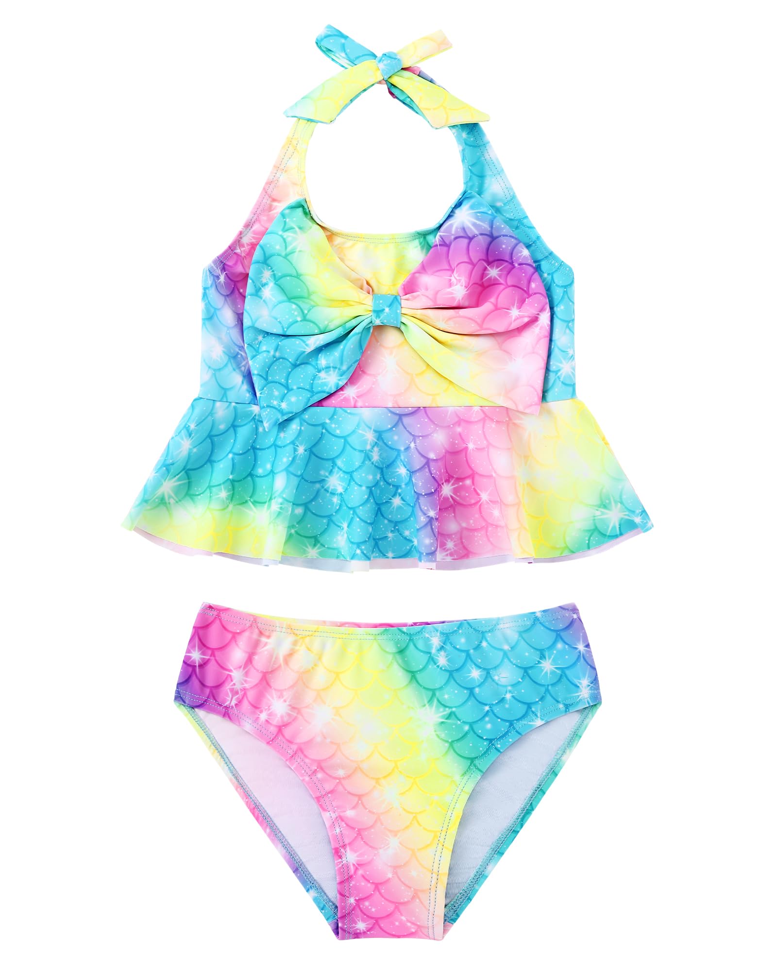 Mädchen Badeanzug Meerjungfrau 3PCS Prinzessin Badeanzug Tankini für Kinder Schleife Rüschen Neckholder Bademode
