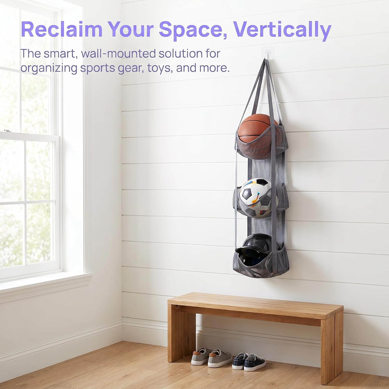 2 Pack Hanging Ball Storage Organizer, 4-Tier Mesh Holder for Basketballs