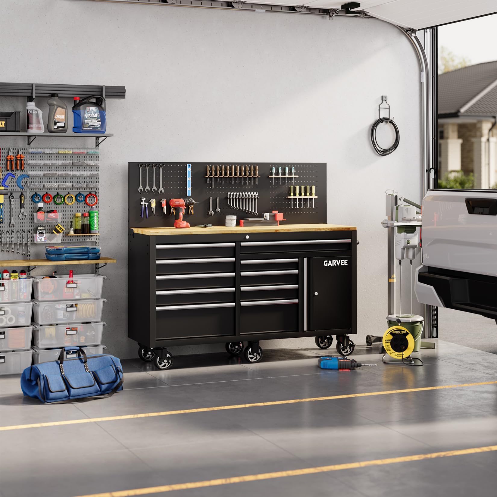 garvee 60 in rolling tool chest with 10 drawers & pegboard, mobile garage tool cabinet with locks & charging station, heavy duty workbench for workshop, black