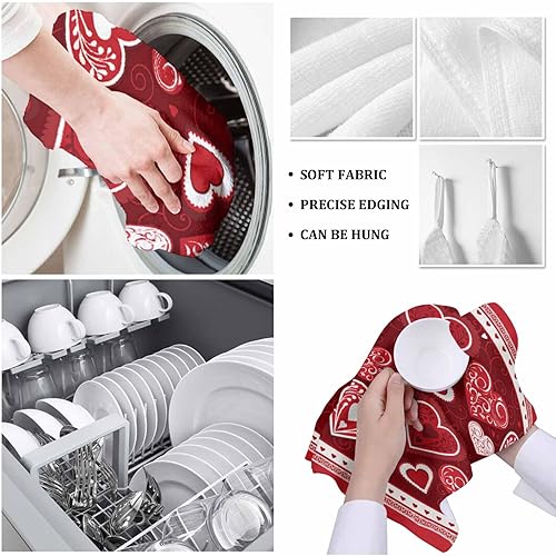 Miniatura 5 de Pack of 2 Kitchen Towels Dish Cloth, Love Red Heart Valentine's Day 18x28 Inch Cotton Dish Towel Kitchen Decoration Absorbent Hand Towels for Living