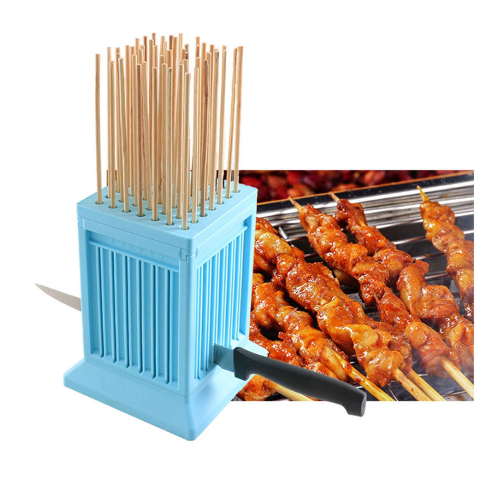 LSSB Cubo Fabbrica Spiedini Arrosticini Creatore Rapido per Carne e Verdure Barbecue Spiedini arrosticini cubo Barbecue Stringer 49 Buche Barbecue Grill Shish Kebab Maker Kit Strumento