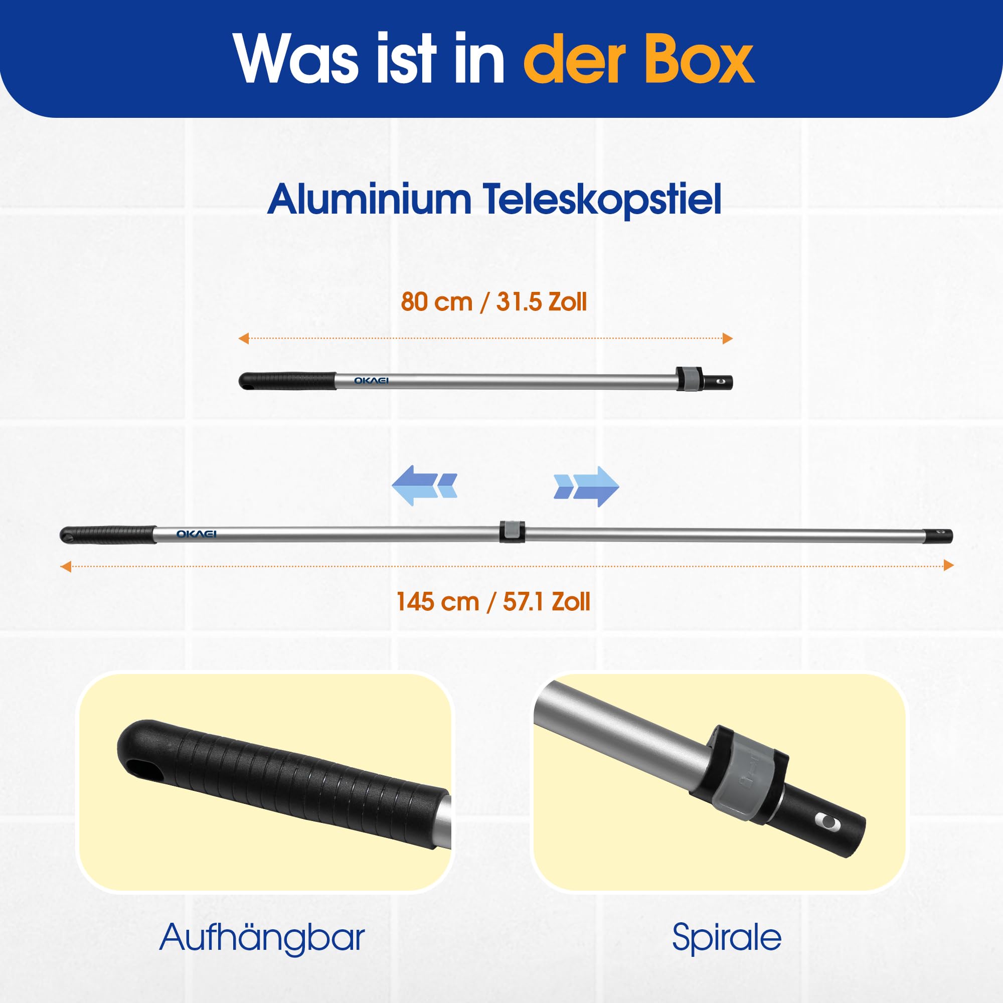 OKAEI Wischmop-Komplettset 50 cm – 5× Bezug Blau‑Weiß‑Beige + Klapphalter & Alu‑Teleskopstiel – Für Trocken‑ & Nassreinigung – Ideal für Haushalt & Gewerbe