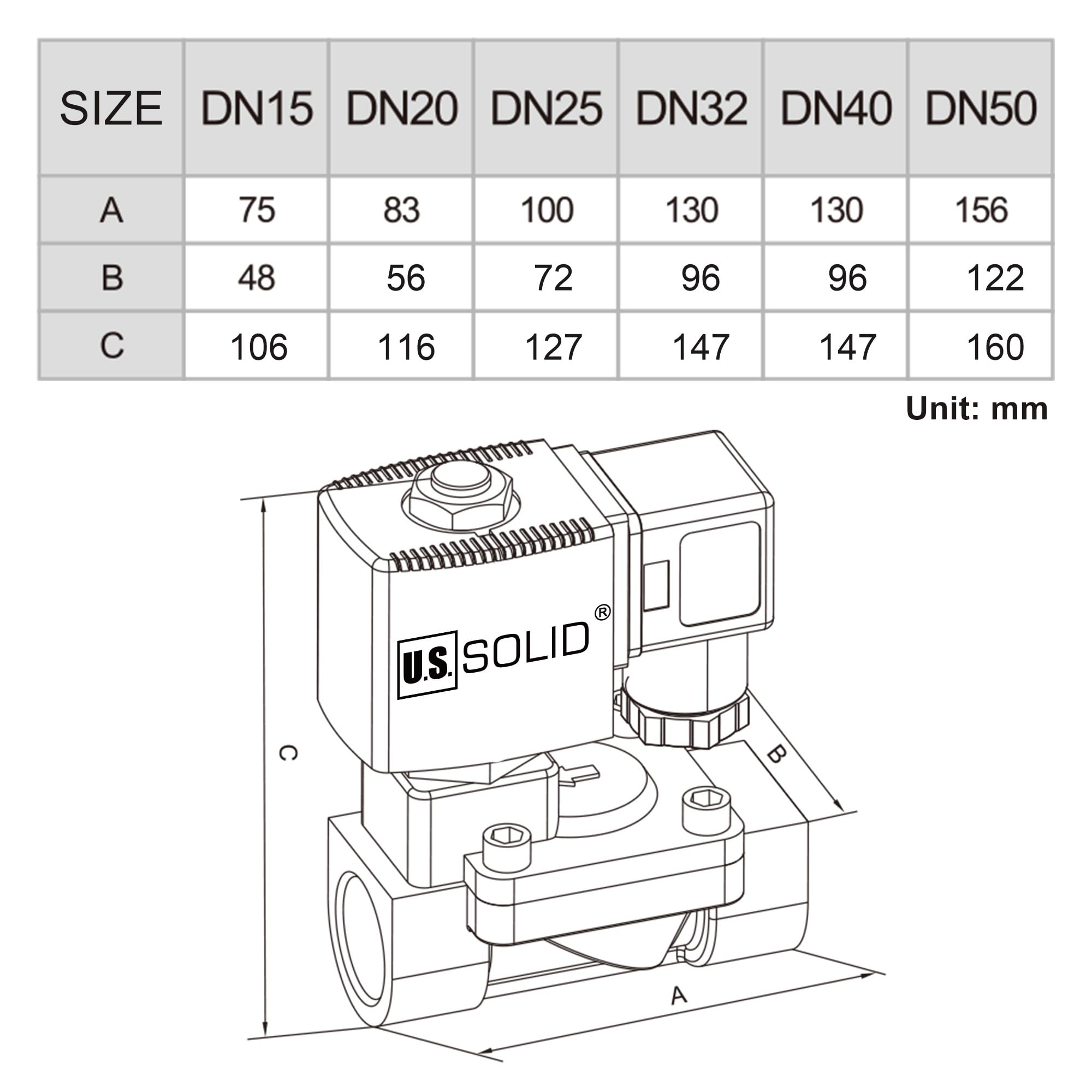 U.S. Solid Elettrovalvola a solenoide in ottone 1" G – 220V AC, 0,3–16 bar, normalmente aperta, guarnizione VITON, funzionamento pilotato