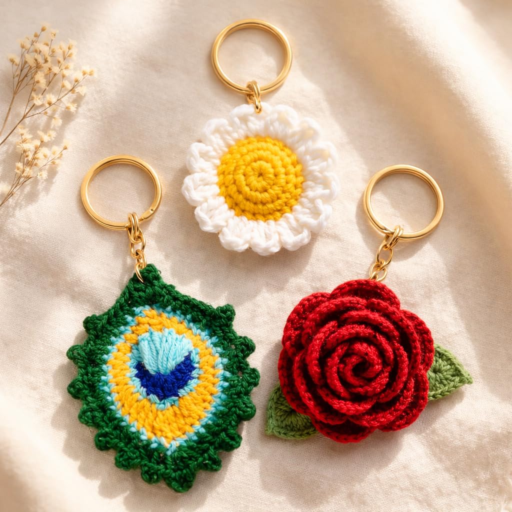 Handmade Crochet Keychain Combo (3 Pcs) – Daisy Flower, Peacock Feather & Rose Keyring Set | Cute Crochet Flower Keychain for Women Girls | Bag Charm | Handmade Gift for Birthday Return Gift-image-7