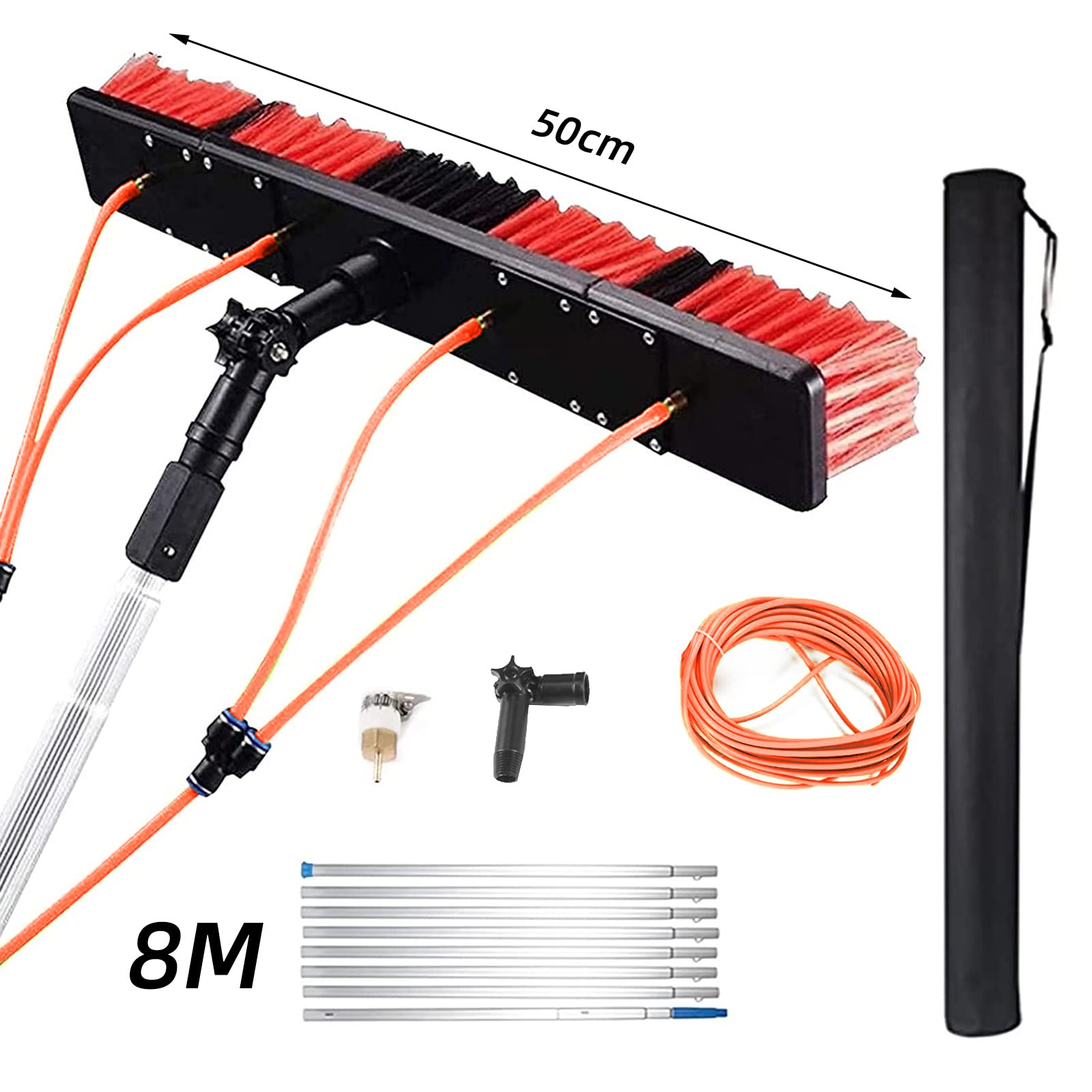 MENAYODA Asta telescopica per la pulizia con manico telescopico estensibile, per pannelli solari fotovoltaici, finestre, spazzola per lavaggio auto (asta da 8 m, spazzola da 50 cm)