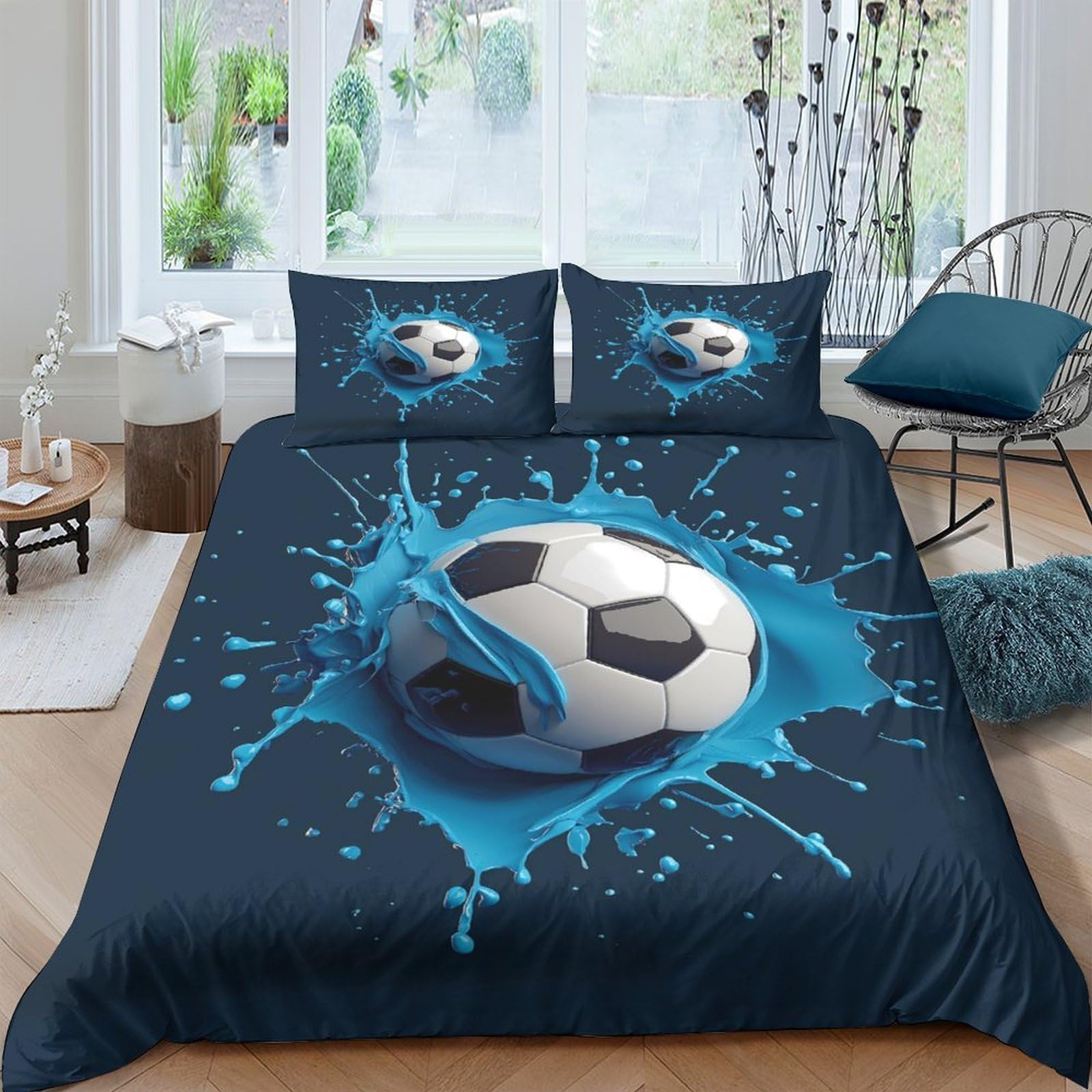 Ctjqhvkz Style-1 3D Printed Splash Soccer Fitted Sheet Microfiber Soft Breathable Blue Ball Mattress Cover For Bedroom Dorm Decor Single（135X200cm）