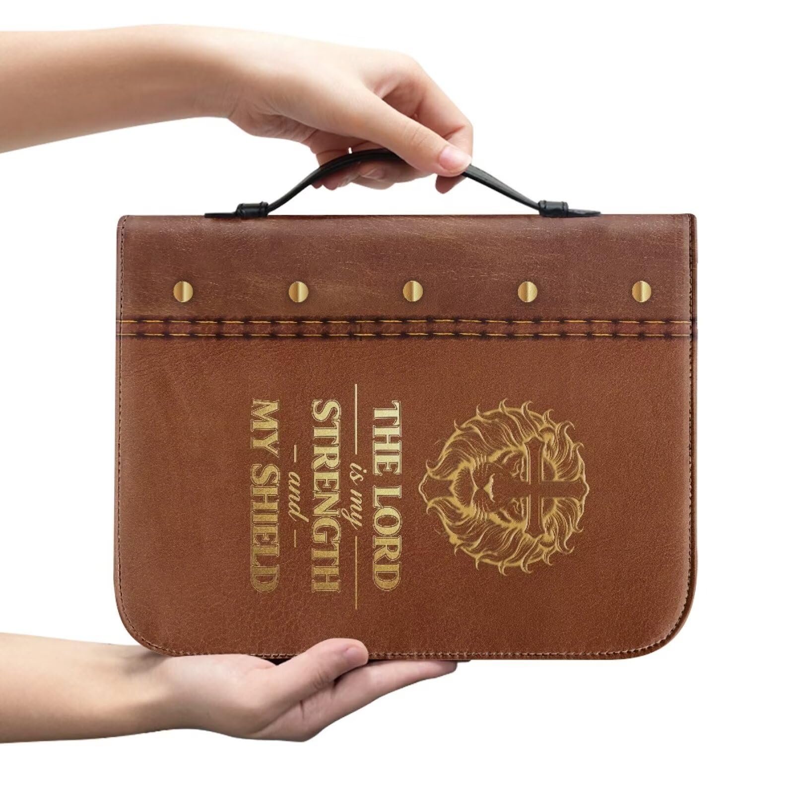 Kuiaobaty Lion Cross Bible Covers for Men, Brown Book Bag with Handle Slashproof Carrying Book Case for Standard Size Bible, 4 Size