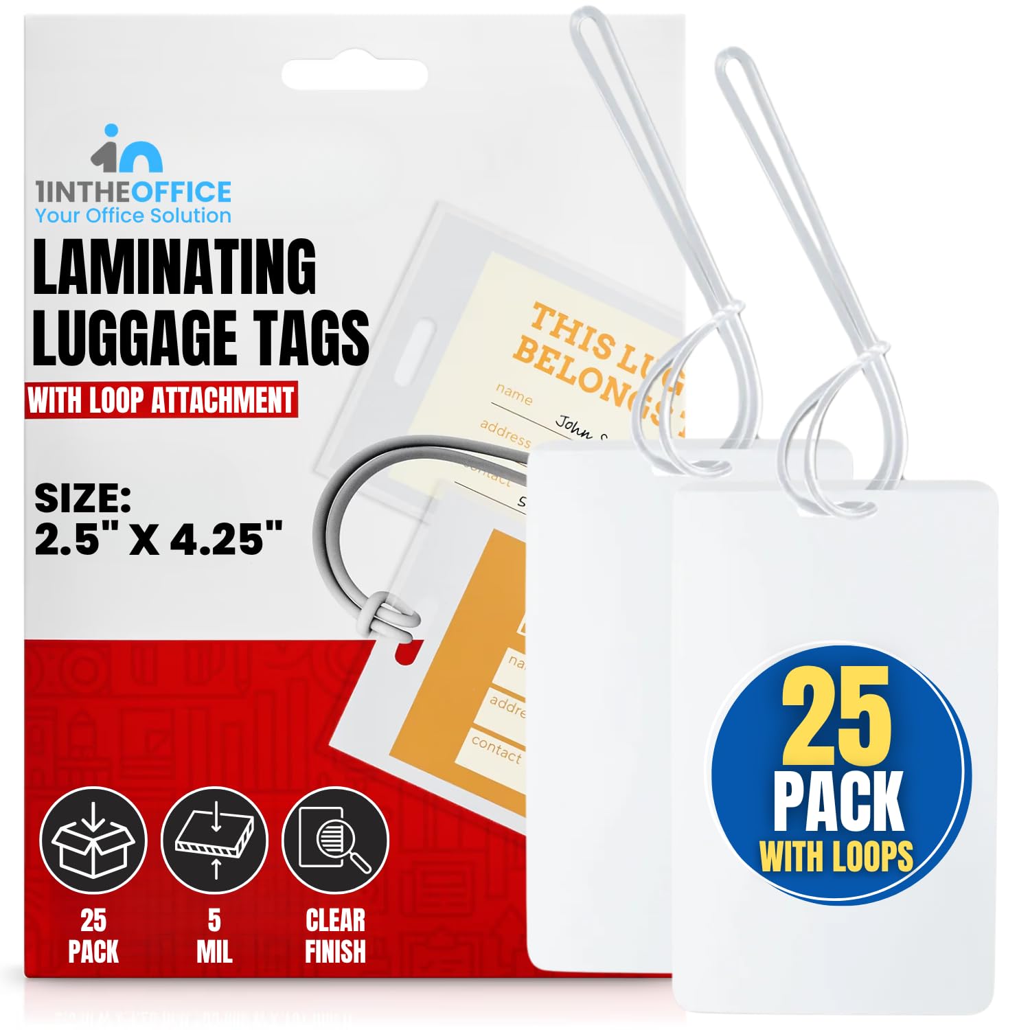 1InTheOffice Laminating Luggage Tags with Loops, Laminating Pouches 5 Mil, Luggage Tag Pouches, 2 1/2" x 4 1/4", 25 Pack