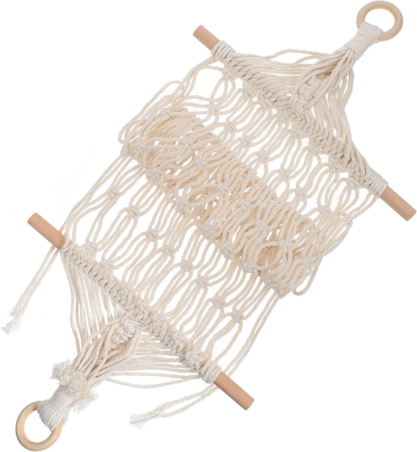 HEMOTON Woven Cotton Rope Hanging Kitchen Basket with Wooden Ring, Fruit and Vegetable Storage Net, Decorative Kitchen Gadget for Wall Organization and Household Use