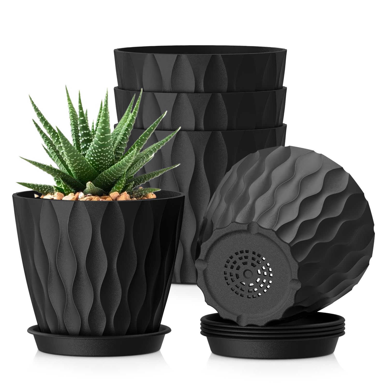 12.7 cm Indoor Plant Pot, 5 Pack Thick Plastic Flower Pots with Drainage Holes & Saucers, 3D Modern Wave Texture, Decorative Nursery Pots for Succulent, Cactus, Mint & Small House Plants, Black — view 18
